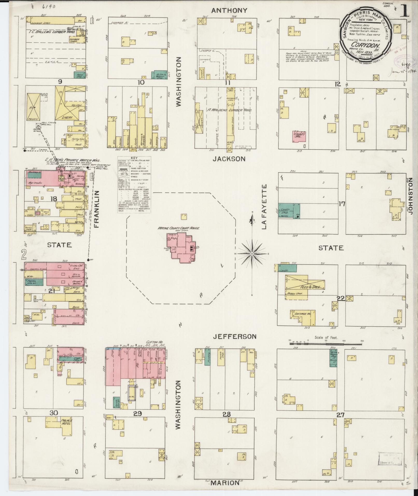 Sanborn Fire Insurance Map from Corydon, Wayne County, Iowa (1893), Sheet #0001 - Historic Sanborn Fire Insurance Map Print, vintage old map wall art