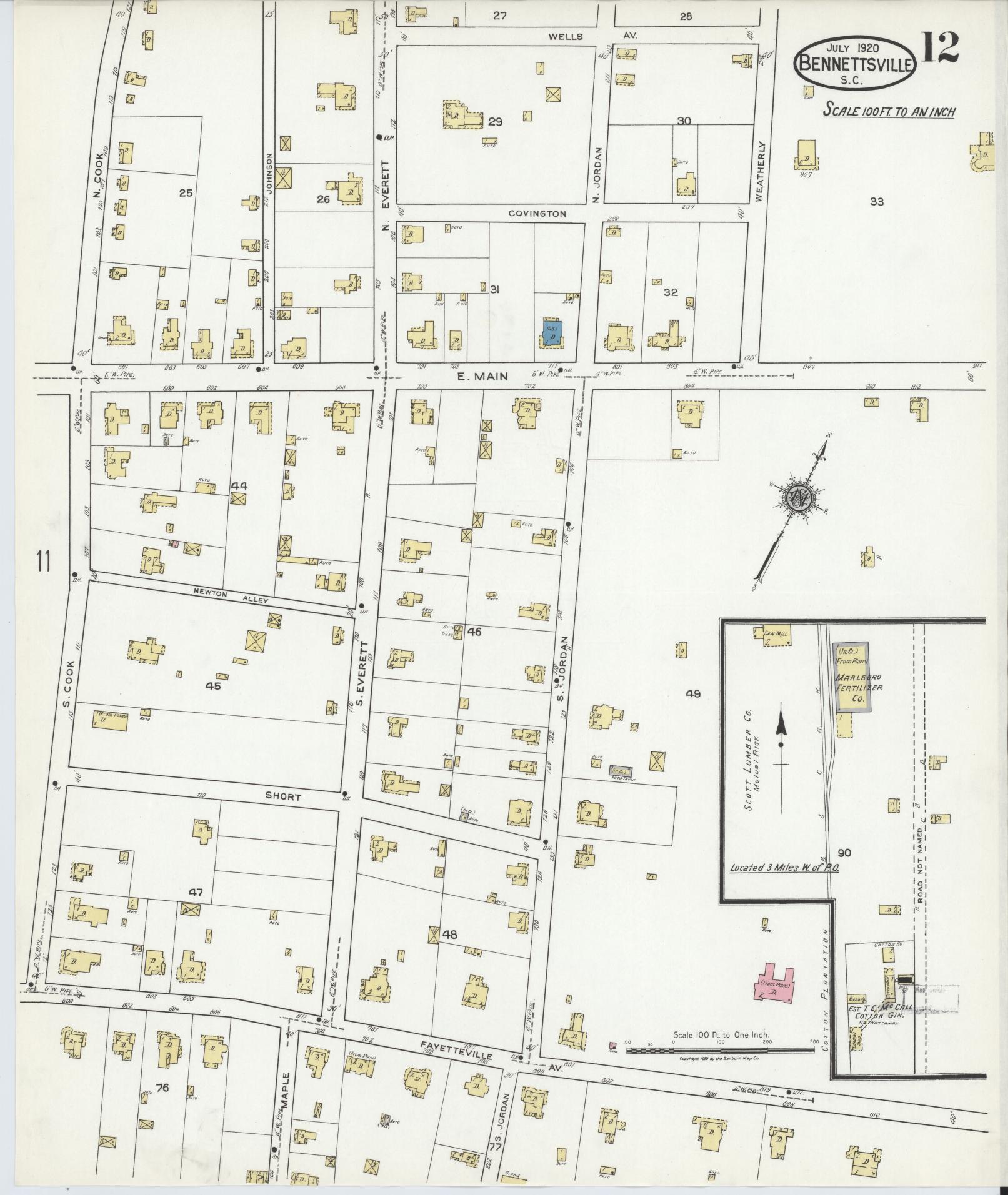 Sanborn Fire Insurance Map from Bennettsville, Marlboro County, South Carolina (1920), Sheet #0012 - Complete Map Set gallery image, historic Sanborn map, vintage wall art, South Carolina South Carolina