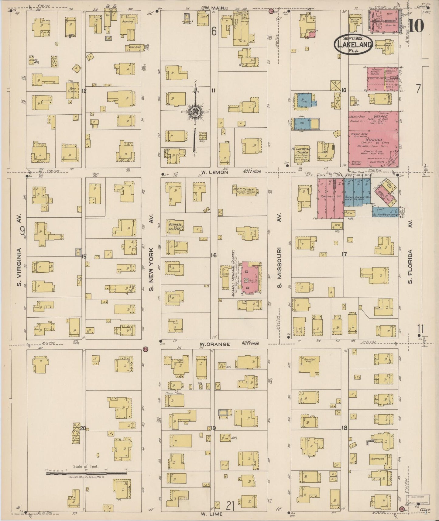Sanborn Fire Insurance Map from Lakeland, Polk County, Florida (1922), Sheet #0010 - Historic Sanborn Fire Insurance Map Print, vintage old map wall art, antique decor, genealogy gift, Florida Florida map