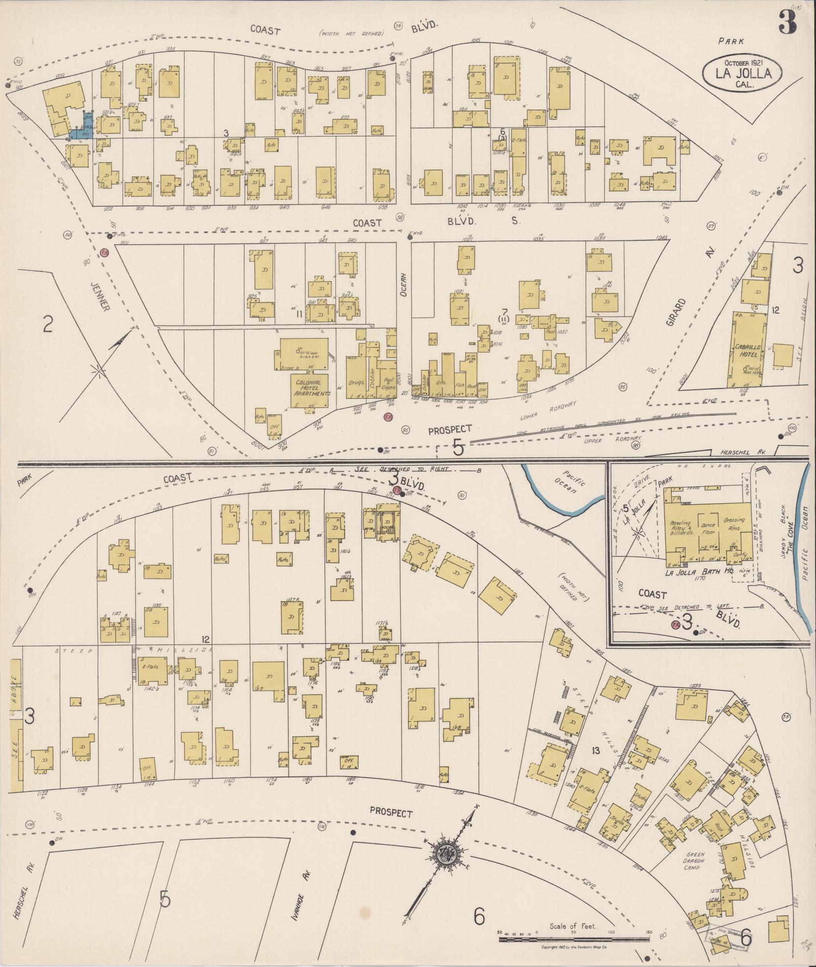 Sanborn Fire Insurance Map from La Jolla, San Diego County, California (1921), Sheet #0003 - Historic Sanborn Fire Insurance Map Print, vintage old map wall art, antique decor, genealogy gift, California California map