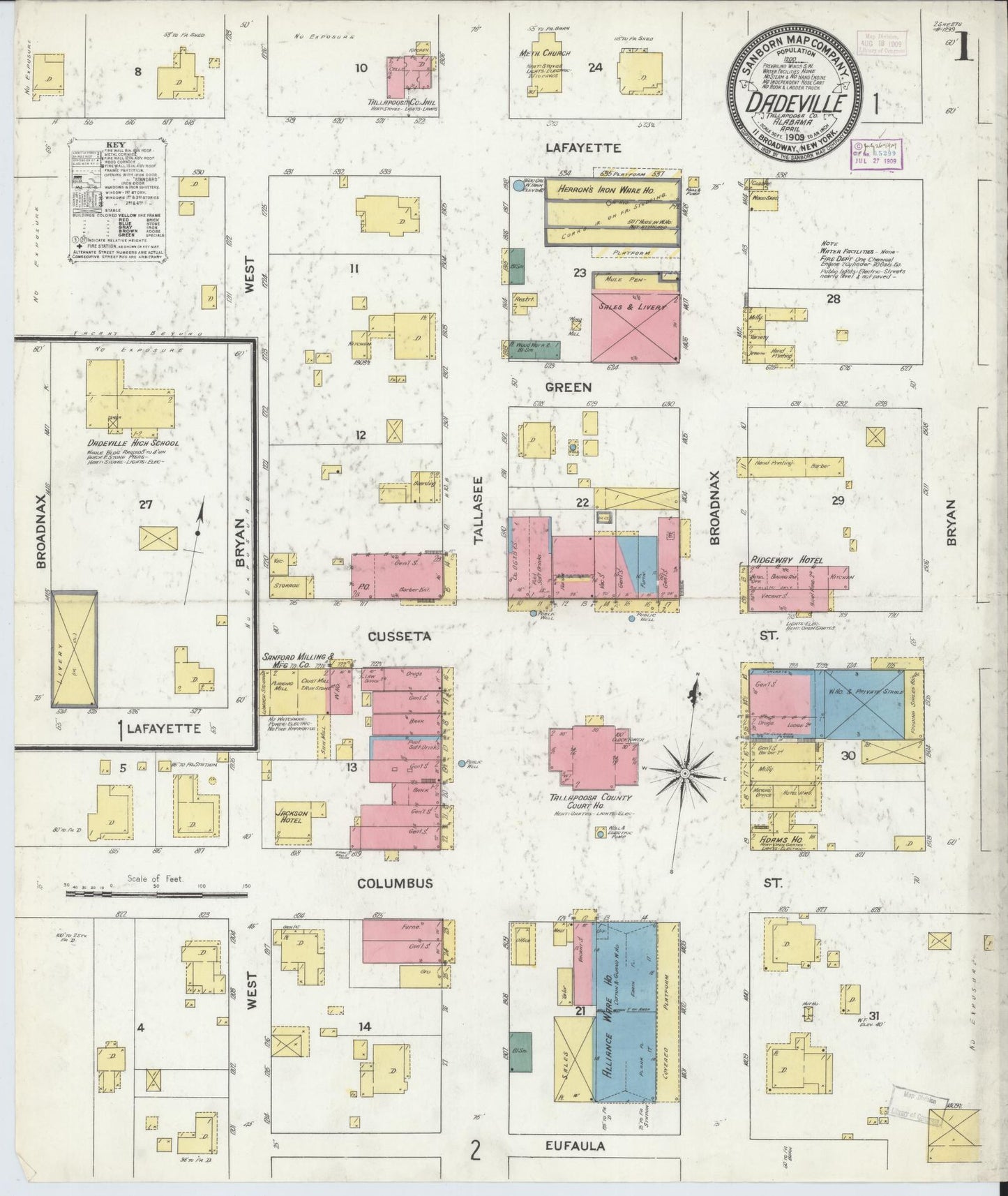 Sanborn Fire Insurance Map from Dadeville, Tallapoosa County, Alabama (1909), Sheet #0001 - Historic Sanborn Fire Insurance Map Print, vintage old map wall art, antique decor, genealogy gift, Alabama Alabama map
