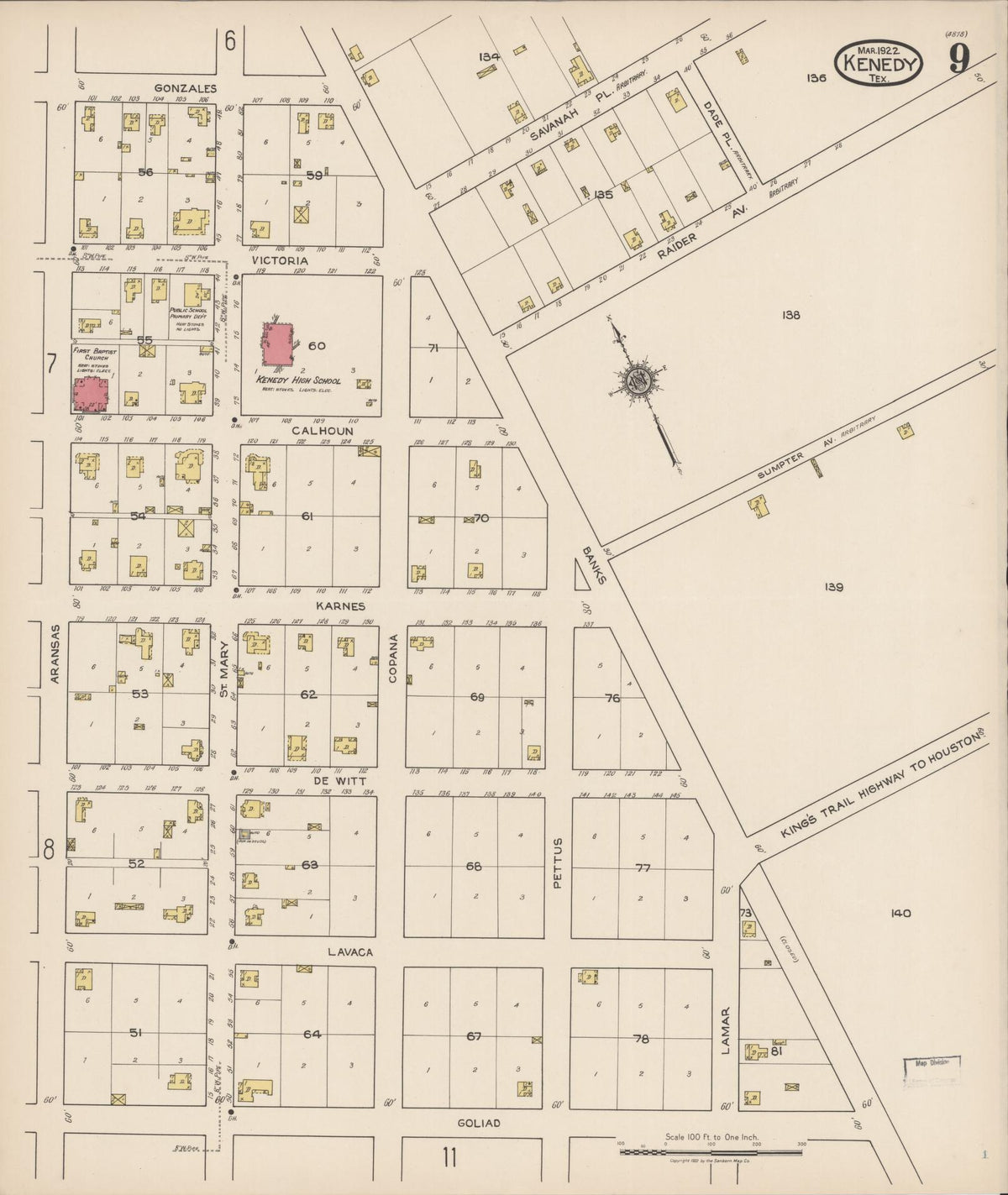 Sanborn Fire Insurance Map from Kenedy, Karnes County, Texas (1922), Sheet #0009 - Complete Map Set gallery image, historic Sanborn map, vintage wall art, Texas Texas