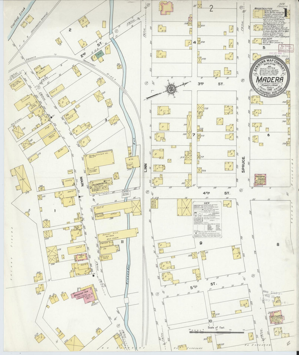 Sanborn Fire Insurance Map from Madera, Clearfield County, Pennsylvania (1910), Sheet #0001 - Historic Sanborn Fire Insurance Map Print, vintage old map wall art, antique decor, genealogy gift, Pennsylvania Pennsylvania map