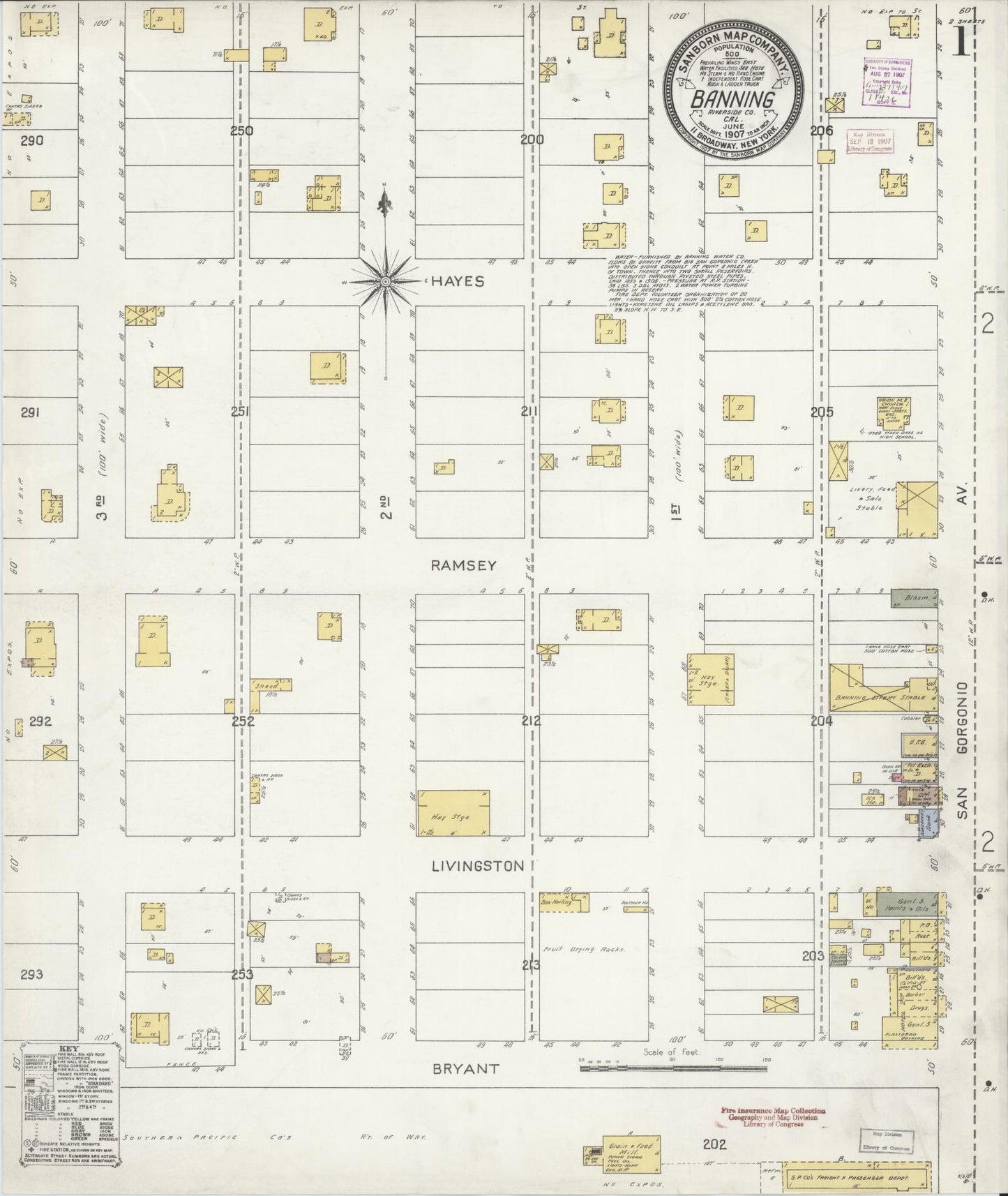Sanborn Fire Insurance Map from Banning, Riverside County, California (1907), Sheet #0001 - Historic Sanborn Fire Insurance Map Print, vintage old map wall art, antique decor, genealogy gift, California California map