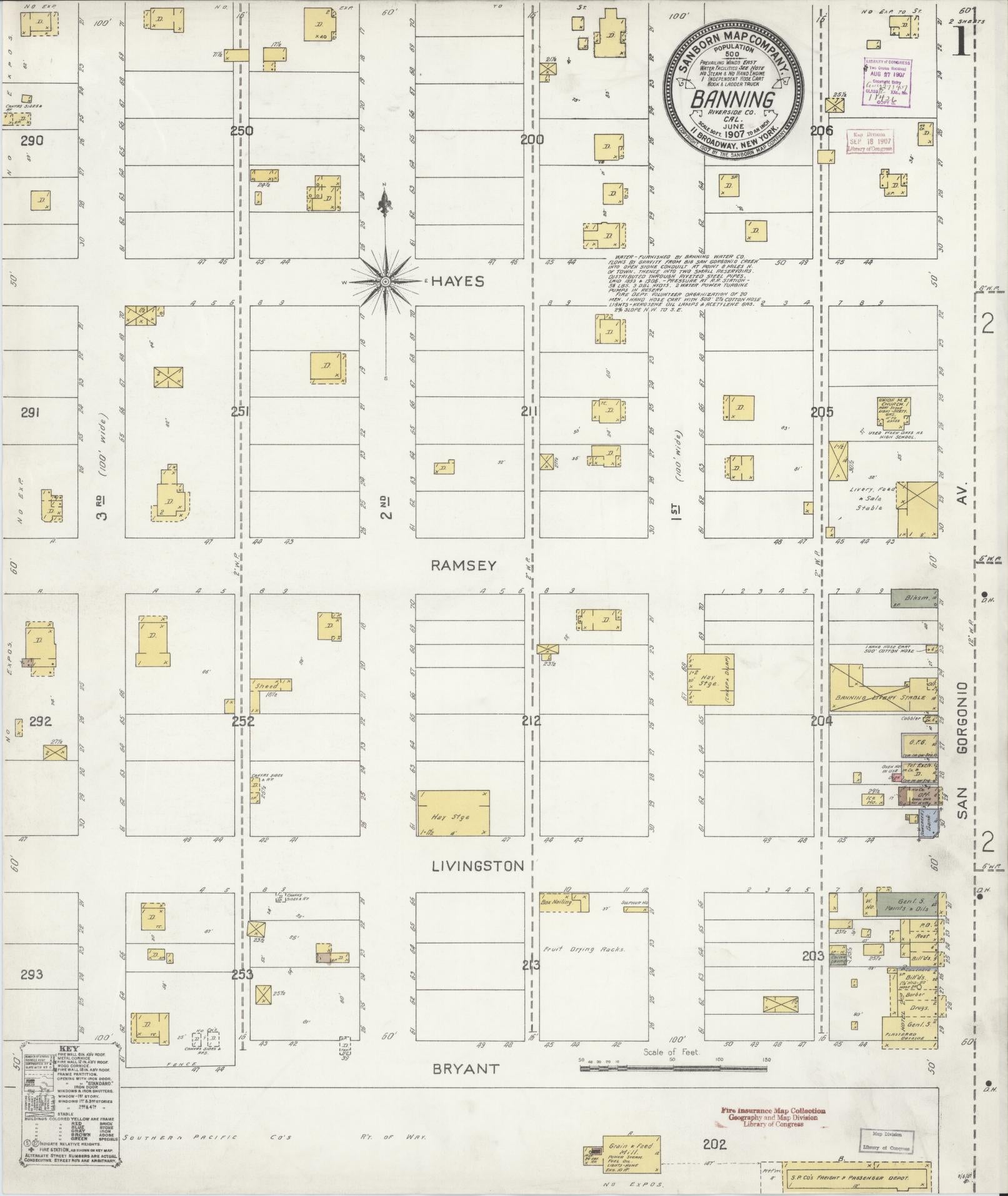 Sanborn Fire Insurance Map from Banning, Riverside County, California (1907), Sheet #0001 - Historic Sanborn Fire Insurance Map Print, vintage old map wall art, antique decor, genealogy gift, California California map