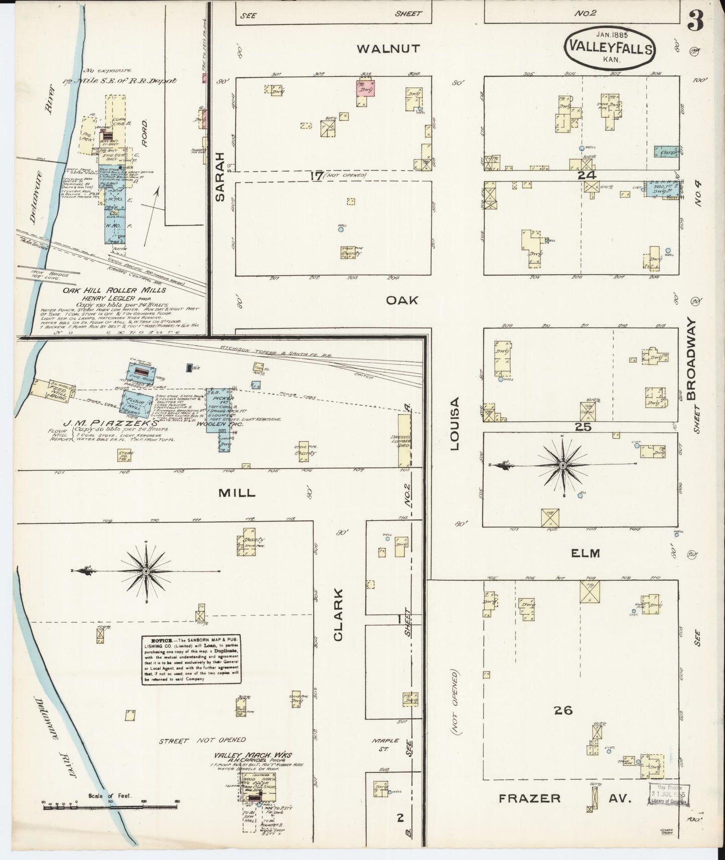 Sanborn Fire Insurance Map from Valley Falls, Jefferson County, Kansas (1885), Sheet #0003 - Historic Sanborn Fire Insurance Map Print, vintage old map wall art, antique decor, genealogy gift, Kansas Kansas map
