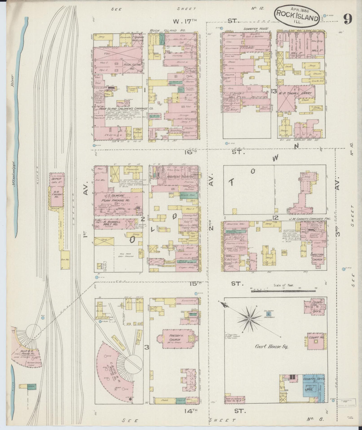 Sanborn Fire Insurance Map from Rock Island, Rock Island County, Illinois (1886), Sheet #0009 - Complete Map Set gallery image, historic Sanborn map, vintage wall art, Illinois Illinois