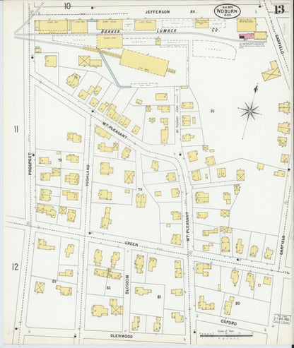 Sanborn Fire Insurance Map from Woburn, Middlesex County, Massachusetts (1899), Sheet #0013 - Historic Sanborn Fire Insurance Map Print, vintage old map wall art, antique decor, genealogy gift, Massachusetts Massachusetts map