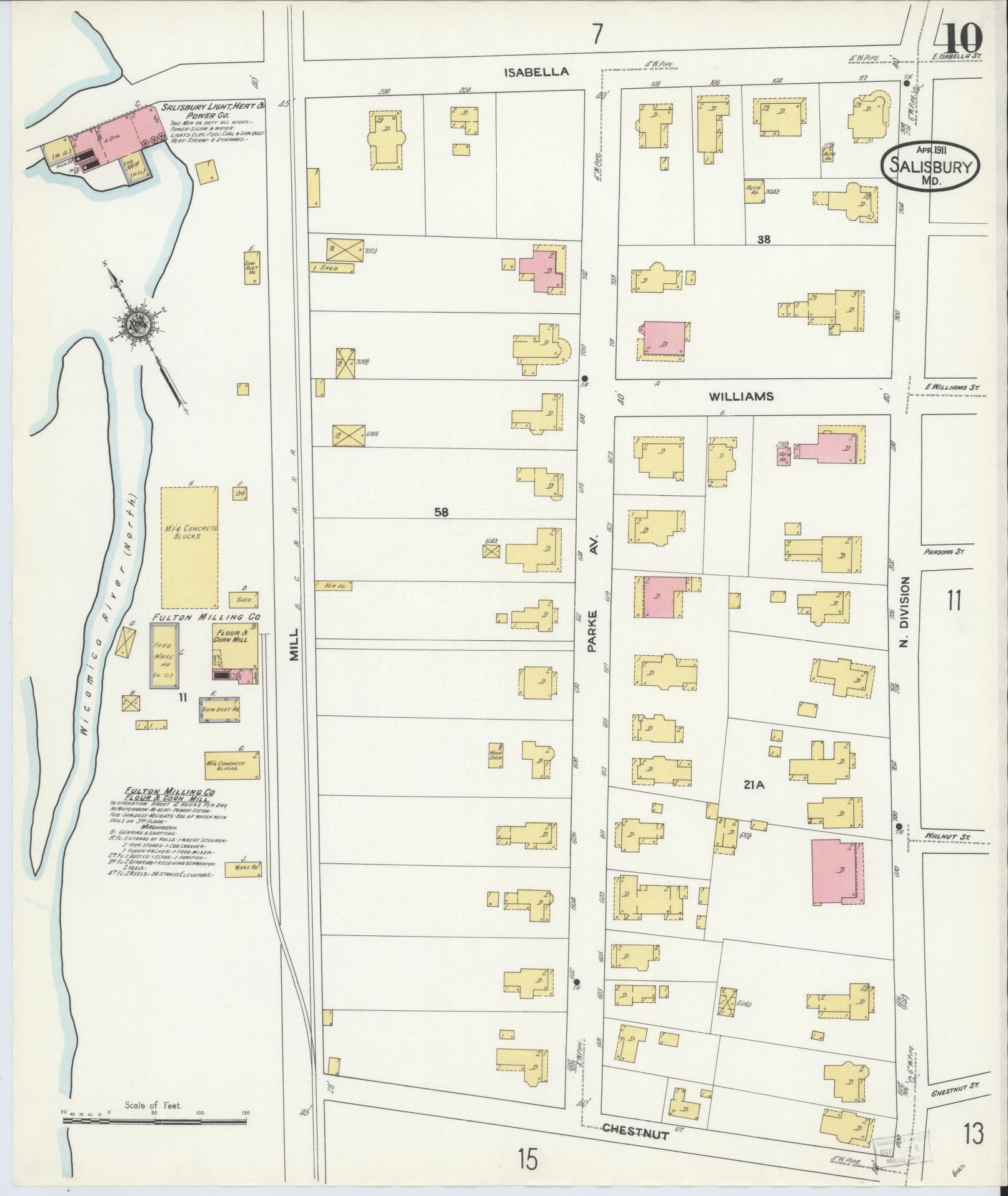 Sanborn Fire Insurance Map from Salisbury, Wicomico County, Maryland (1911), Sheet #0010 - Historic Sanborn Fire Insurance Map Print, vintage old map wall art, antique decor, genealogy gift, Maryland Maryland map