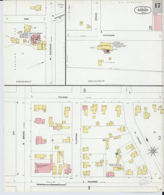Sanborn Fire Insurance Map from Adrian, Lenawee County, Michigan (1899), Sheet #0017 - Historic Sanborn Fire Insurance Map Print, vintage old map wall art, antique decor, genealogy gift, Michigan Michigan map