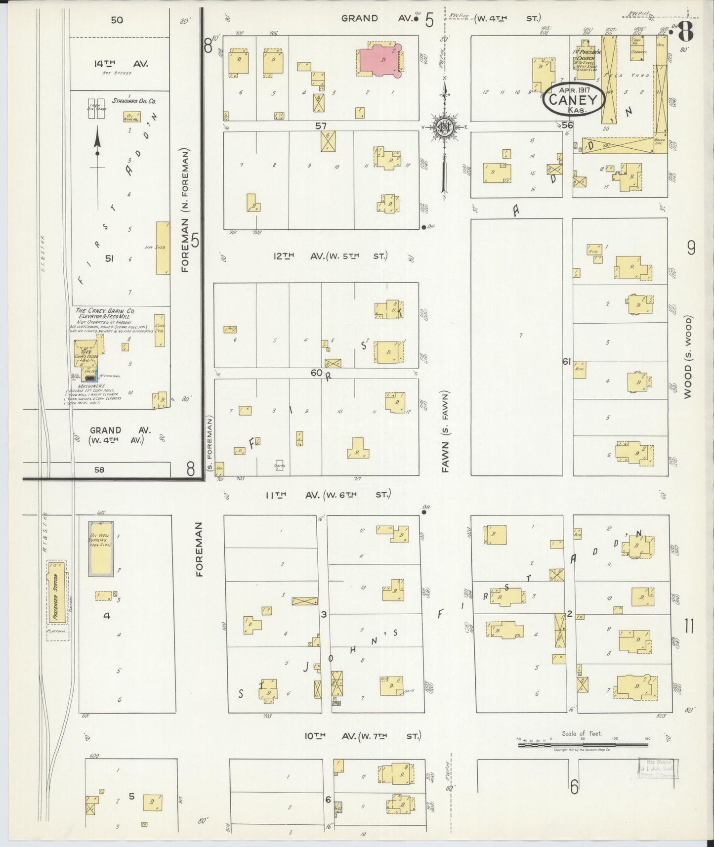 Sanborn Fire Insurance Map from Caney, Montgomery County, Kansas (1917), Sheet #0008 - Historic Sanborn Fire Insurance Map Print, vintage old map wall art, antique decor, genealogy gift, Kansas Kansas map