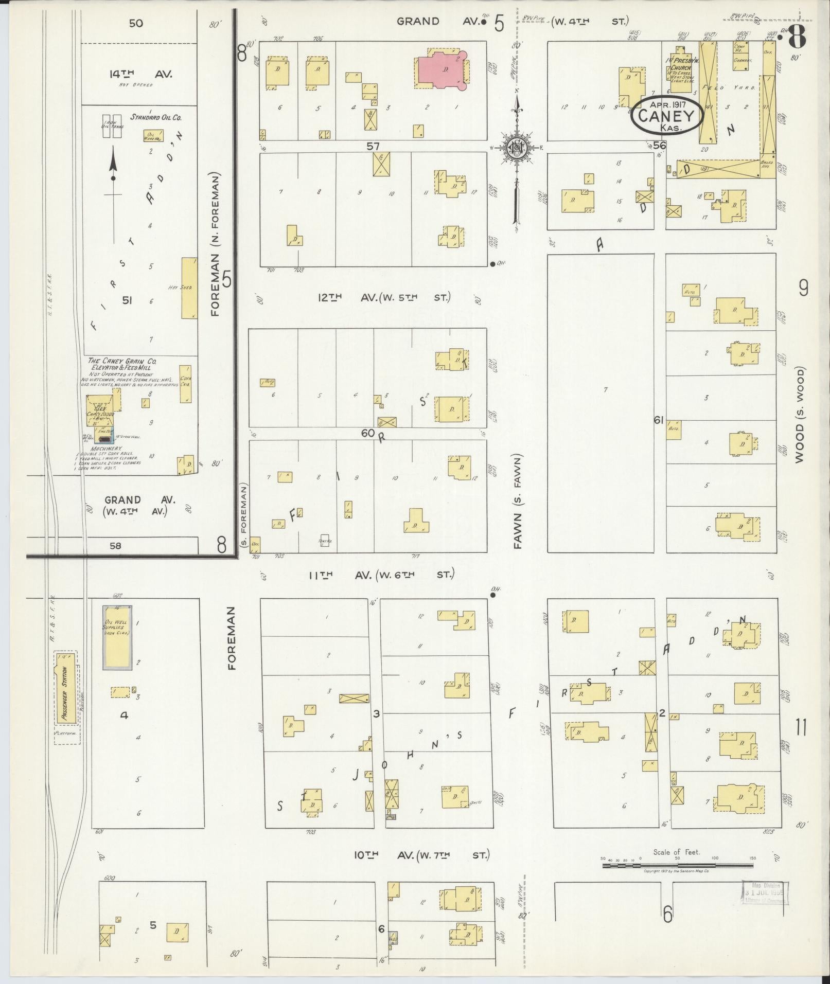 Sanborn Fire Insurance Map from Caney, Montgomery County, Kansas (1917), Sheet #0008 - Historic Sanborn Fire Insurance Map Print, vintage old map wall art, antique decor, genealogy gift, Kansas Kansas map