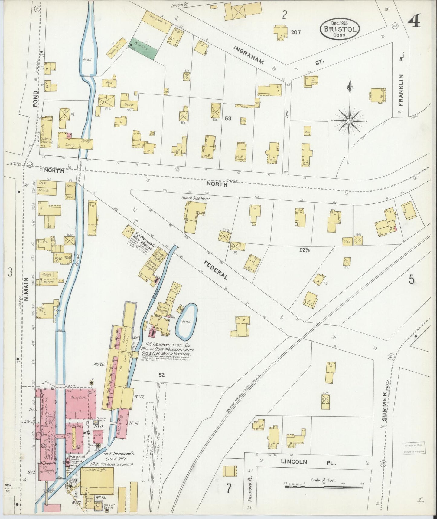 Sanborn Fire Insurance Map from Bristol, Hartford County, Connecticut (1905), Sheet #0004 - Historic Sanborn Fire Insurance Map Print, vintage old map wall art, antique decor, genealogy gift, Connecticut Connecticut map