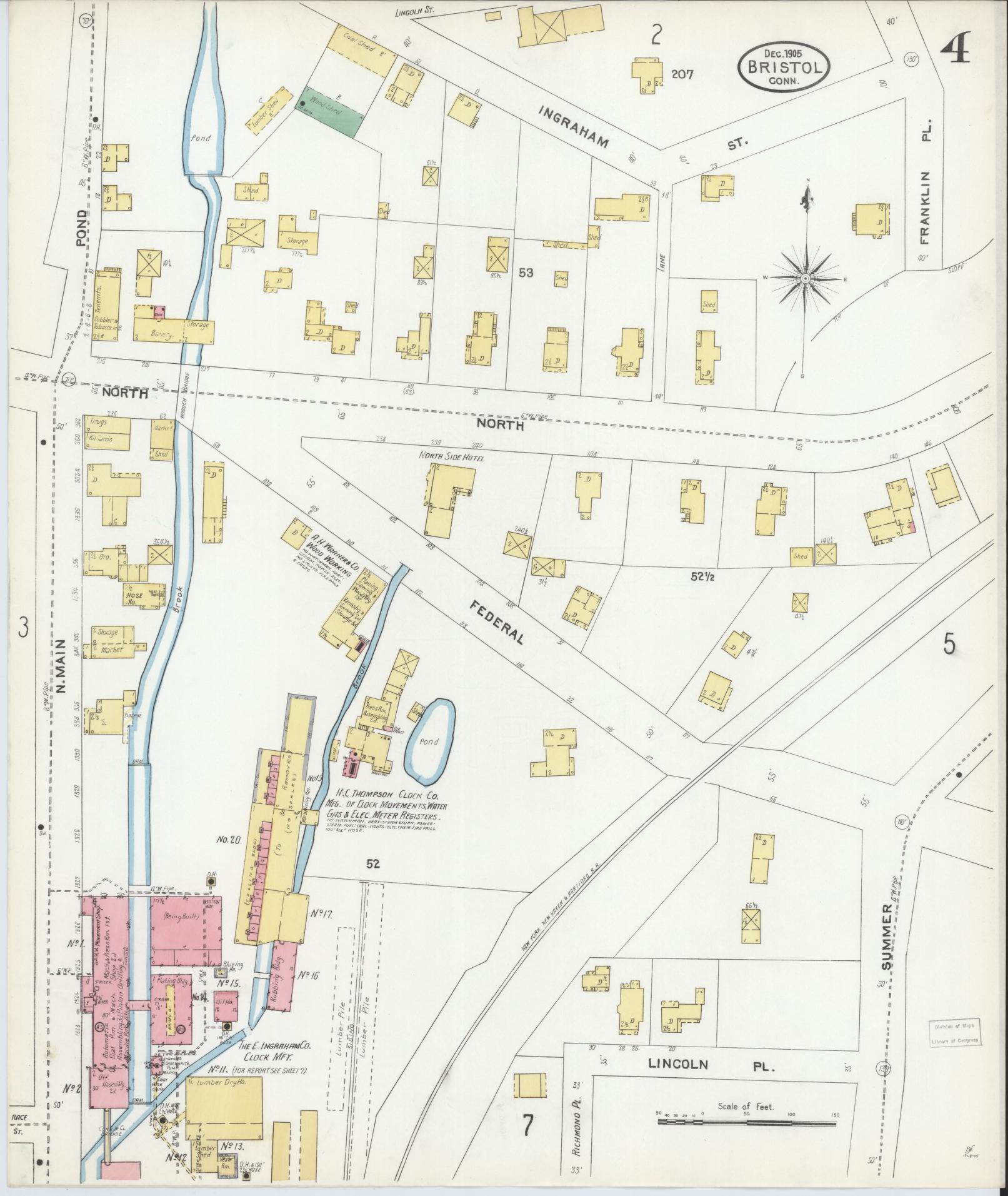 Sanborn Fire Insurance Map from Bristol, Hartford County, Connecticut (1905), Sheet #0004 - Historic Sanborn Fire Insurance Map Print, vintage old map wall art, antique decor, genealogy gift, Connecticut Connecticut map