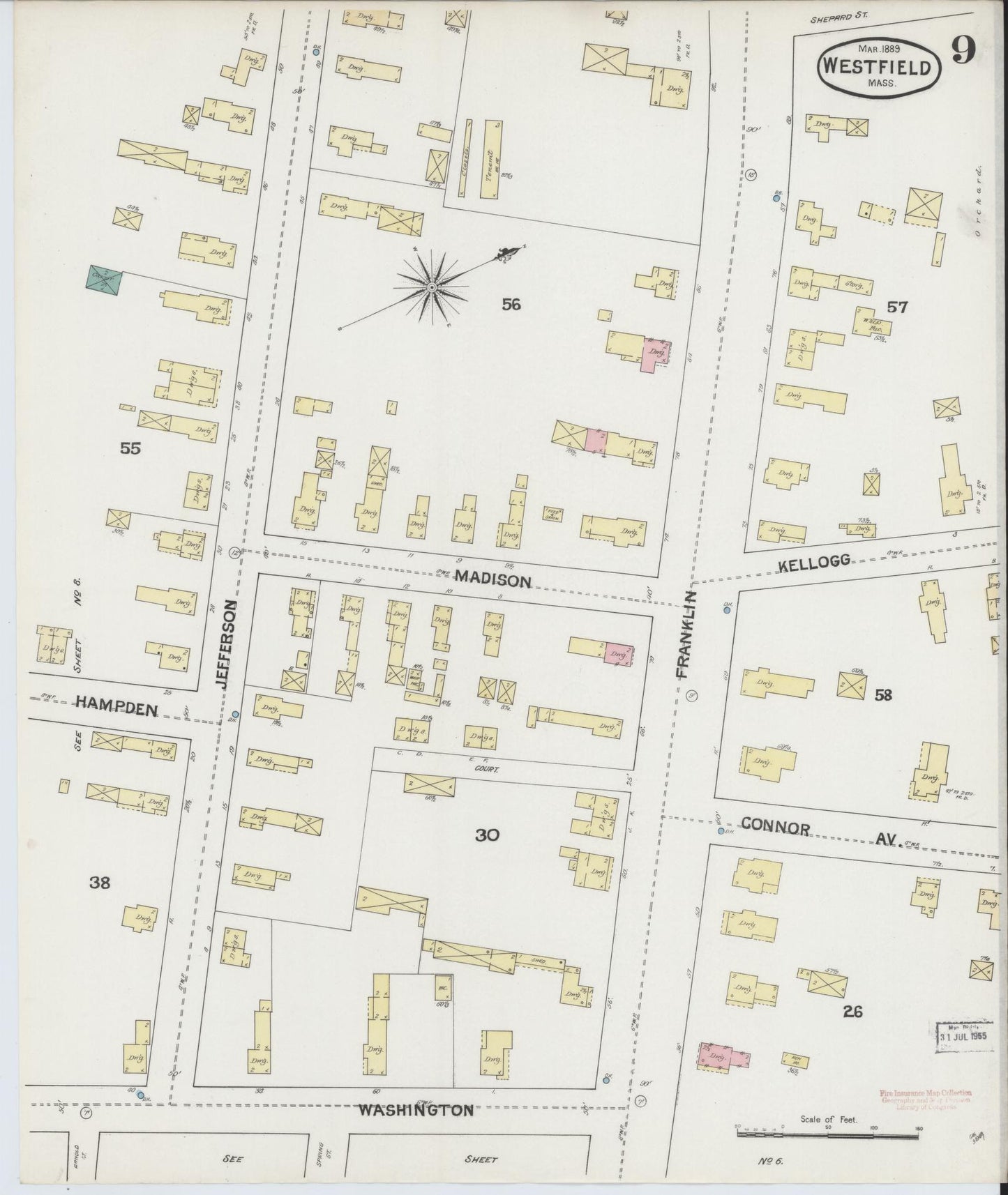 Sanborn Fire Insurance Map from Westfield, Hampden County, Massachusetts (1889), Sheet #0009 - Complete Map Set gallery image, historic Sanborn map, vintage wall art, Massachusetts Massachusetts