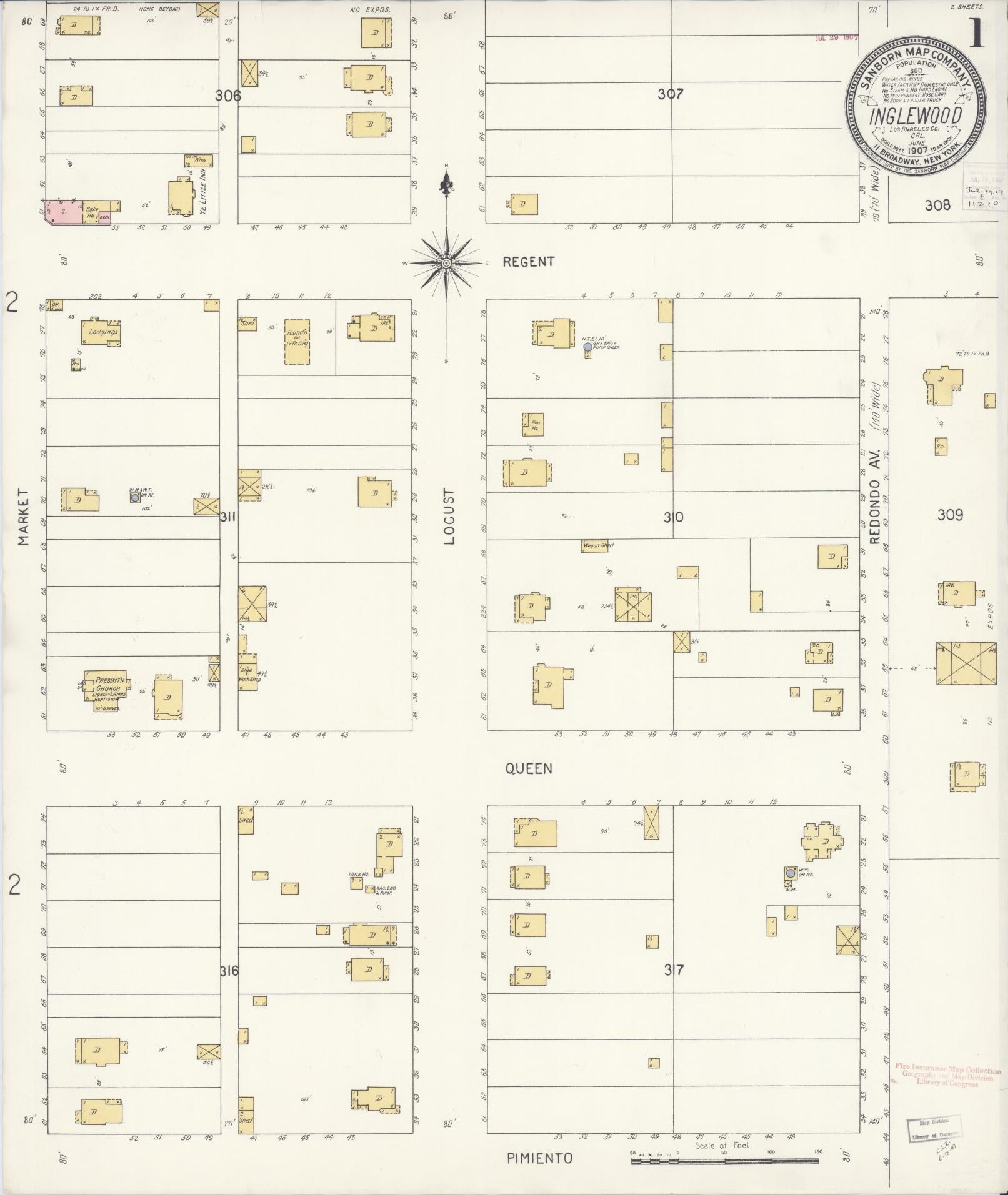 Sanborn Fire Insurance Map from Inglewood, Los Angeles County, California (1907), Sheet #0001 - Historic Sanborn Fire Insurance Map Print, vintage old map wall art, antique decor, genealogy gift, California California map