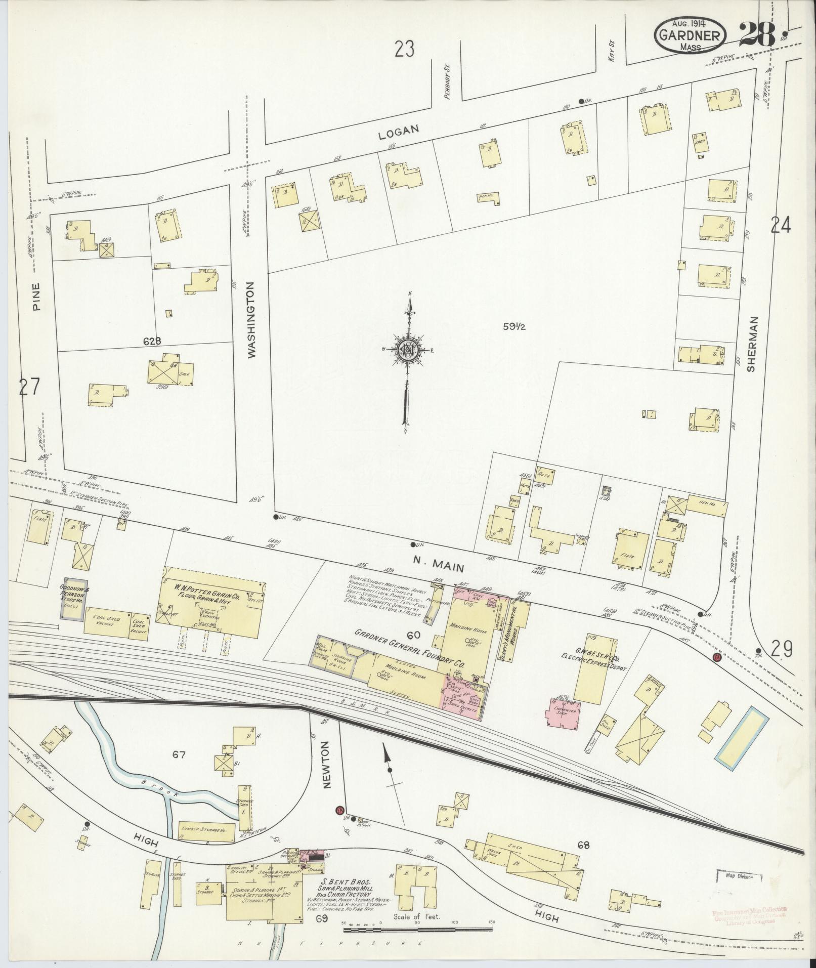 Sanborn Fire Insurance Map from Gardner, Worcester County, Massachusetts (1914), Sheet #0028 - Complete Map Set gallery image, historic Sanborn map, vintage wall art, Massachusetts Massachusetts