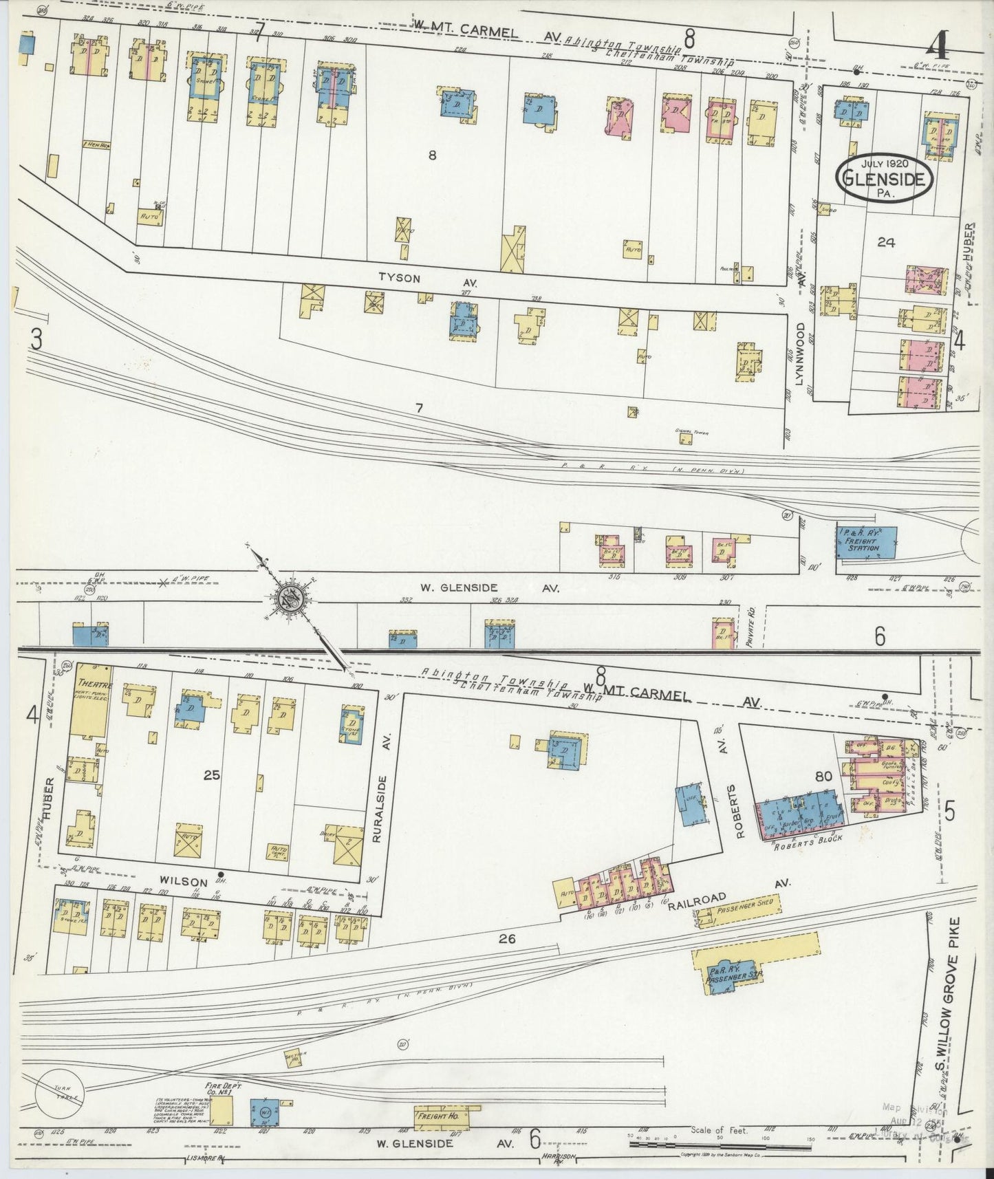 Sanborn Fire Insurance Map from Glenside, Montgomery County, Pennsylvania (1920), Sheet #0004 - Historic Sanborn Fire Insurance Map Print, vintage old map wall art, antique decor, genealogy gift, Pennsylvania Pennsylvania map