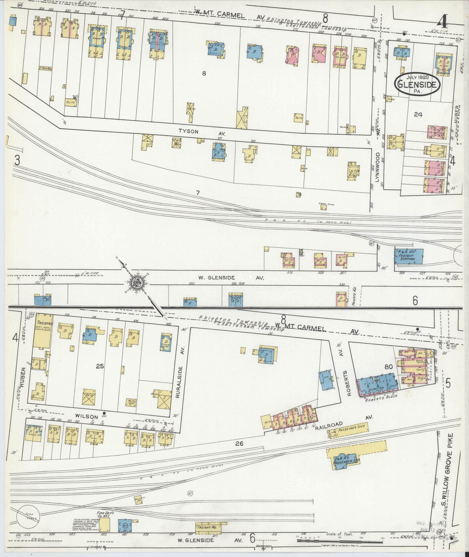 Sanborn Fire Insurance Map from Glenside, Montgomery County, Pennsylvania (1920), Sheet #0004 - Historic Sanborn Fire Insurance Map Print, vintage old map wall art, antique decor, genealogy gift, Pennsylvania Pennsylvania map