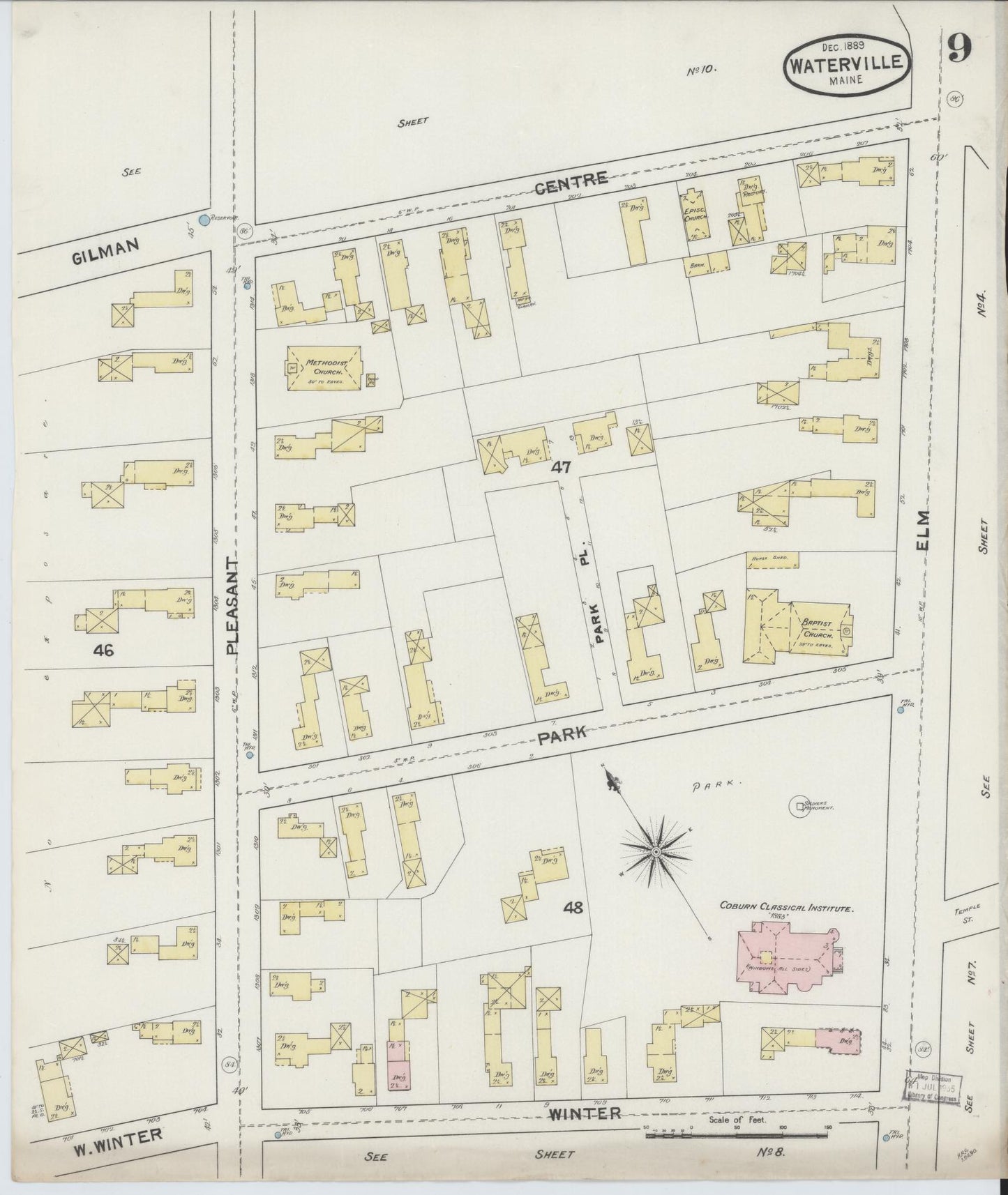 Sanborn Fire Insurance Map from Waterville, Kennebec County, Maine (1889), Sheet #0009 - Historic Sanborn Fire Insurance Map Print, vintage old map wall art, antique decor, genealogy gift, Maine Maine map