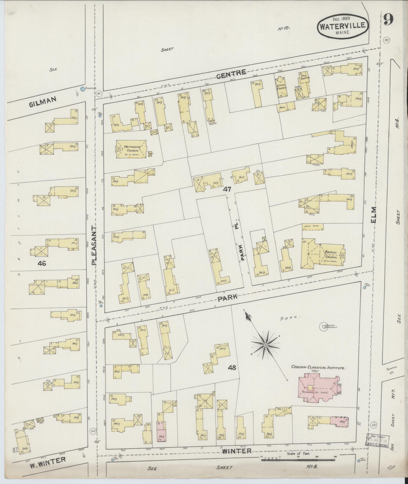 Sanborn Fire Insurance Map from Waterville, Kennebec County, Maine (1889), Sheet #0009 - Historic Sanborn Fire Insurance Map Print, vintage old map wall art, antique decor, genealogy gift, Maine Maine map