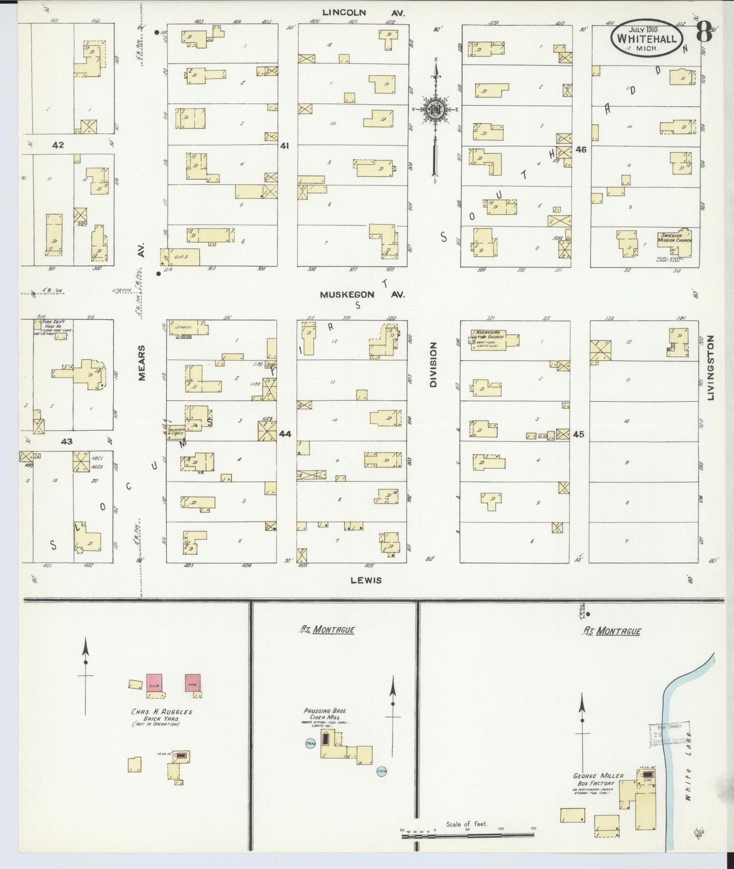 Sanborn Fire Insurance Map from Whitehall, Muskegon County, Michigan (1910), Sheet #0008 - Historic Sanborn Fire Insurance Map Print, vintage old map wall art, antique decor, genealogy gift, Michigan Michigan map