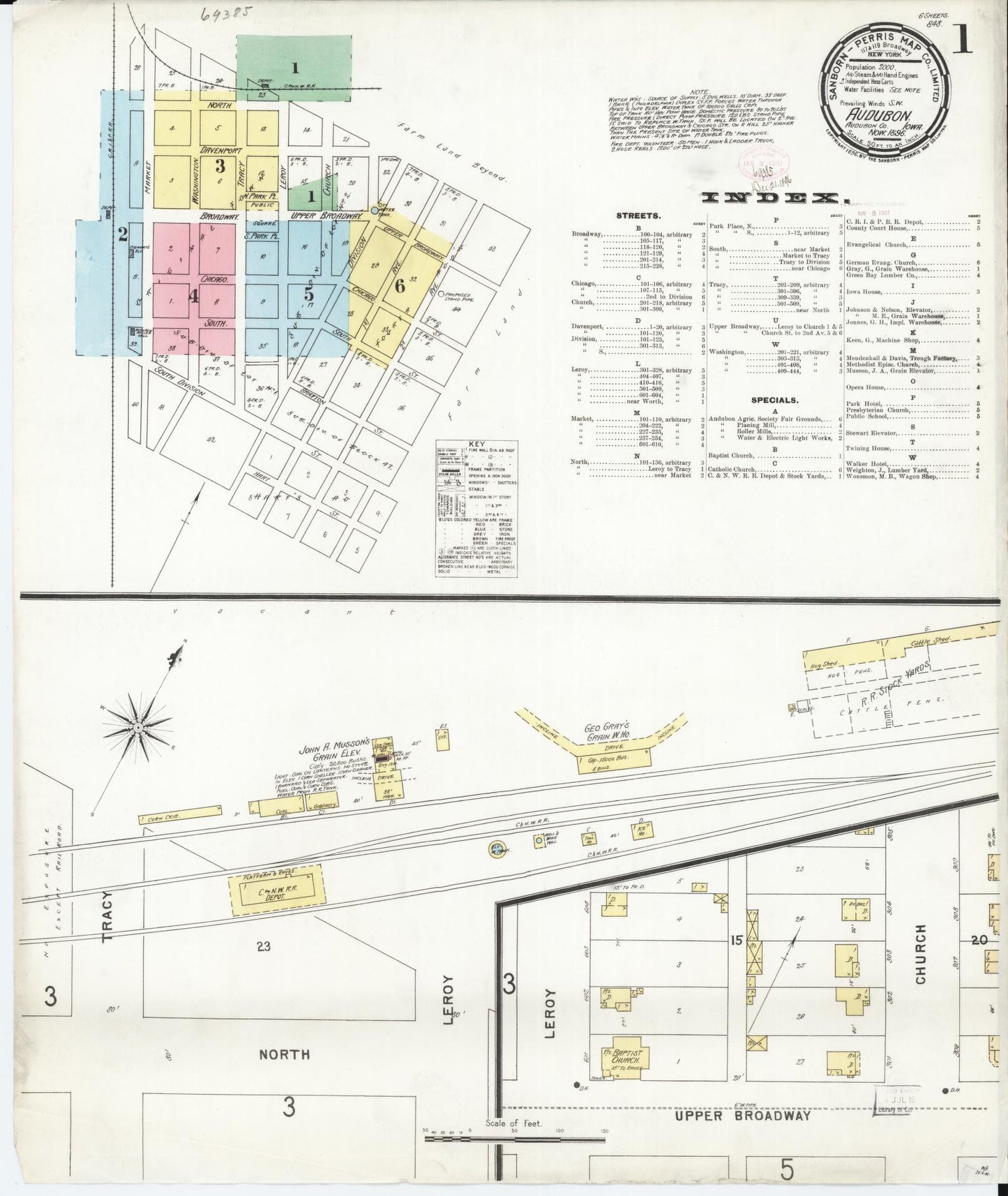 Sanborn Fire Insurance Map from Audubon, Audubon County, Iowa (1896), Sheet #0001 - Historic Sanborn Fire Insurance Map Print, vintage old map wall art
