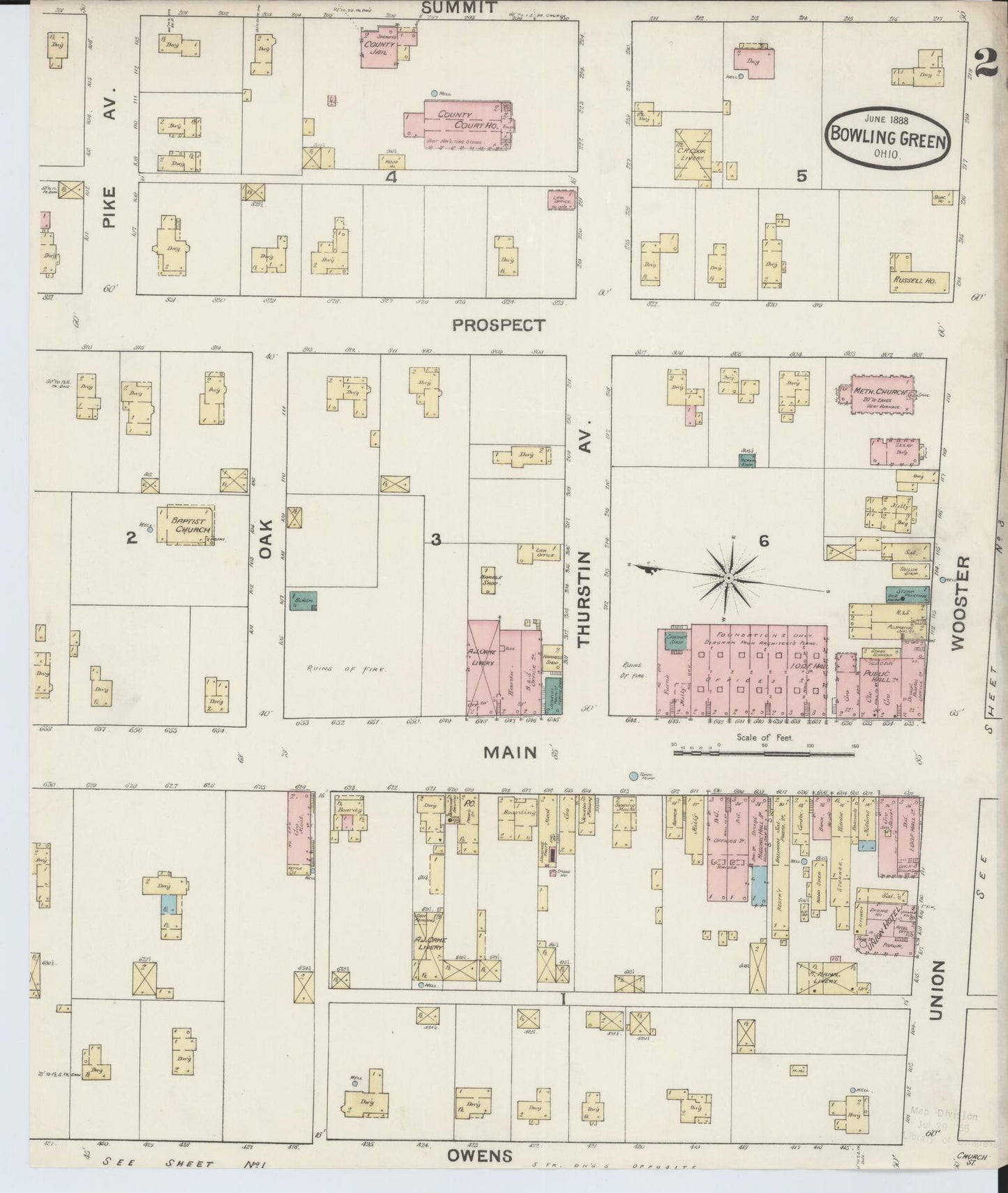 Sanborn Fire Insurance Map from Bowling Green, Wood County, Ohio (1888), Sheet #0002 - Complete Map Set gallery image, historic Sanborn map, vintage wall art, Ohio Ohio