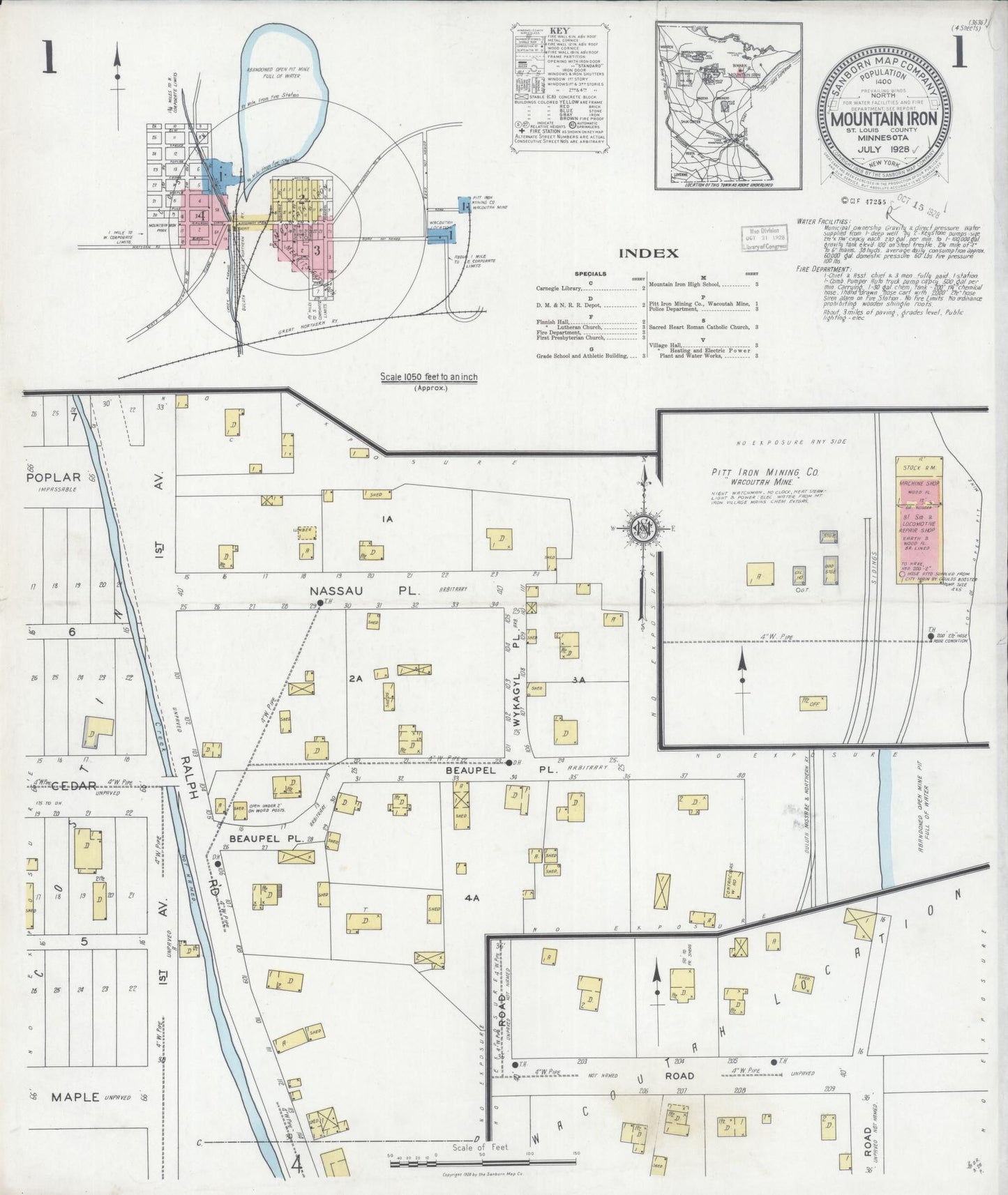 Sanborn Fire Insurance Map from Mountain Iron, Saint Louis County, Minnesota (1928), Sheet #0001 - Historic Sanborn Fire Insurance Map Print, vintage old map wall art, antique decor, genealogy gift, Minnesota Minnesota map