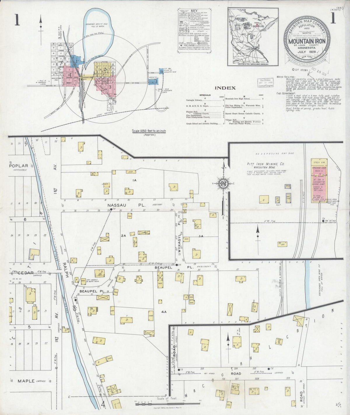Sanborn Fire Insurance Map from Mountain Iron, Saint Louis County, Minnesota (1928), Sheet #0001 - Historic Sanborn Fire Insurance Map Print, vintage old map wall art, antique decor, genealogy gift, Minnesota Minnesota map