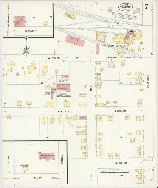 Sanborn Fire Insurance Map from Tarboro, Edgecombe County, North Carolina (1908), Sheet #0007 - Historic Sanborn Fire Insurance Map Print, vintage old map wall art, antique decor, genealogy gift, North Carolina North Carolina map