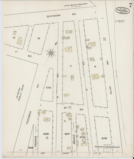 Sanborn Fire Insurance Map from Tacoma, Pierce County, Washington (1885), Sheet #0007 - Historic Sanborn Fire Insurance Map Print, vintage old map wall art, antique decor, genealogy gift, Washington Washington map