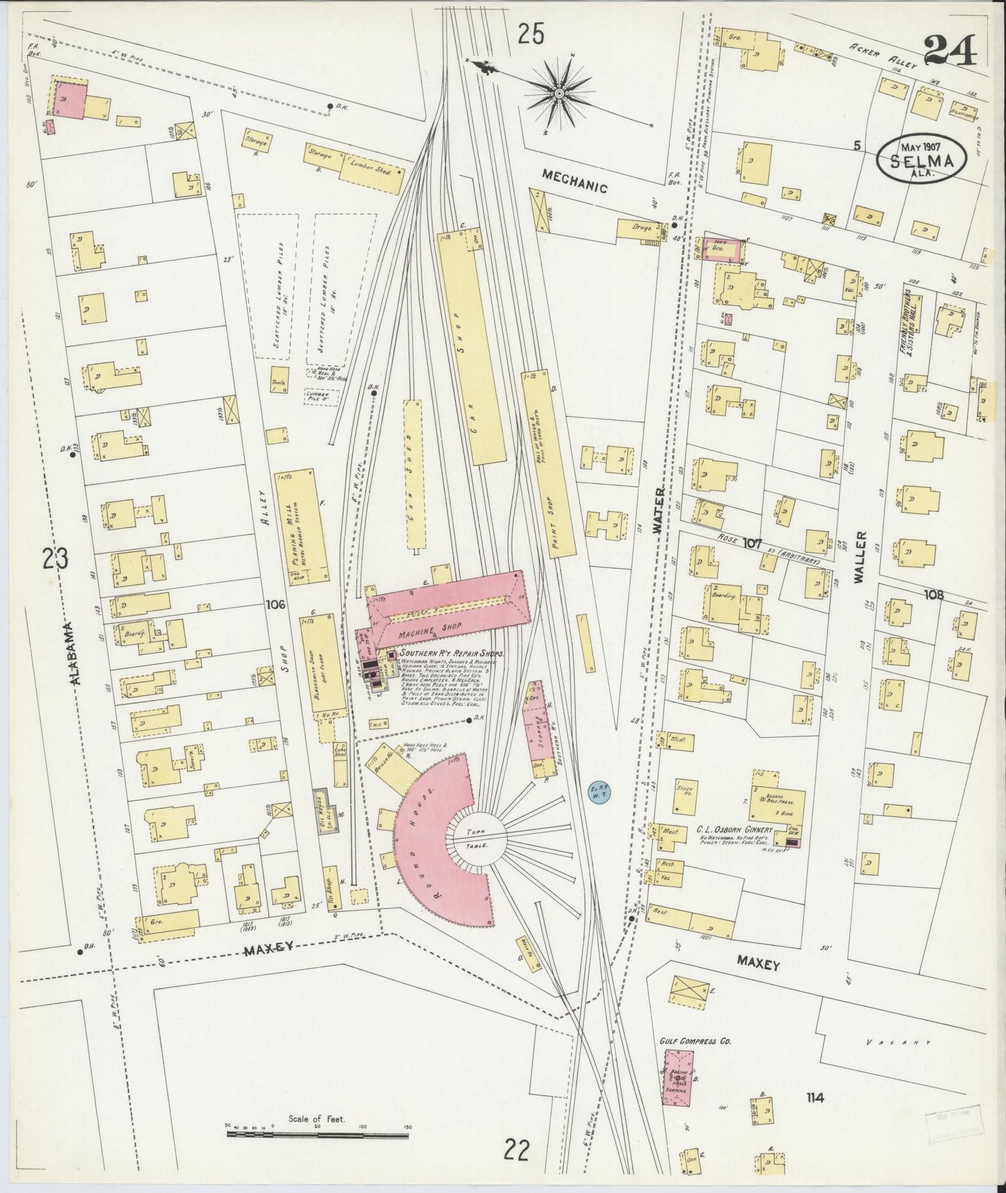 Sanborn Fire Insurance Map from Selma, Dallas County, Alabama (1907), Sheet #0024 - Complete Map Set gallery image, historic Sanborn map, vintage wall art, Alabama Alabama