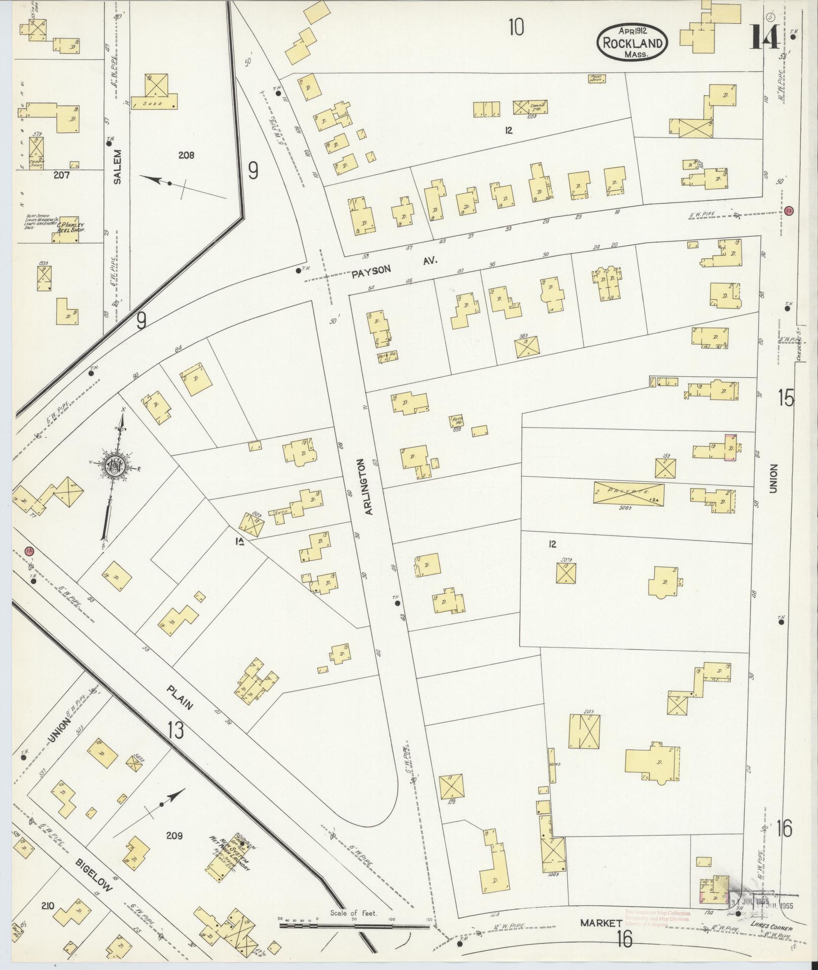 Sanborn Fire Insurance Map from Rockland, Plymouth County, Massachusetts (1912), Sheet #0014 - Historic Sanborn Fire Insurance Map Print, vintage old map wall art, antique decor, genealogy gift, Massachusetts Massachusetts map