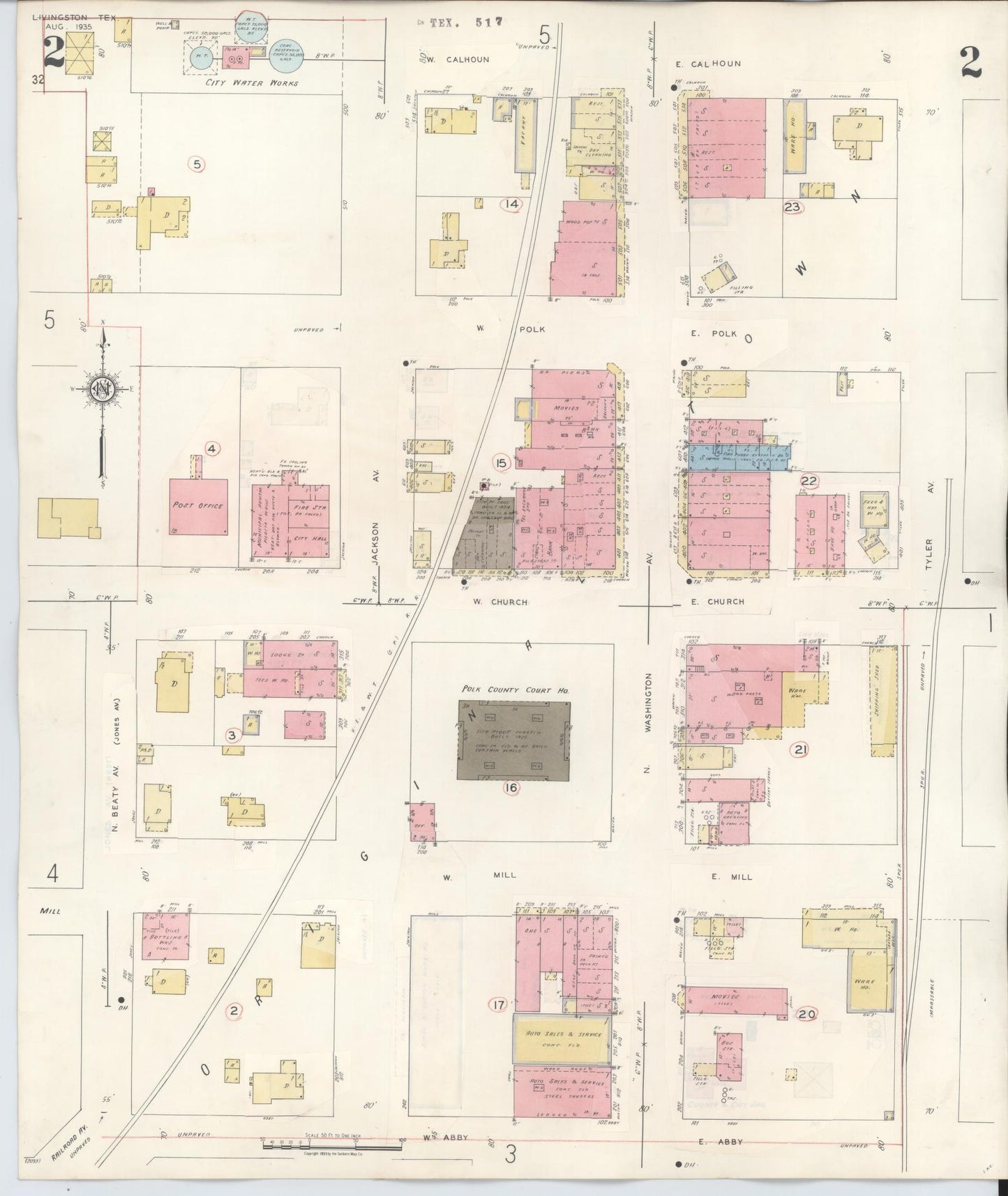 Sanborn Fire Insurance Map from Livingston, Polk County, Texas (1943), Sheet #0002 - Historic Sanborn Fire Insurance Map Print, vintage old map wall art, antique decor, genealogy gift, Texas Texas map