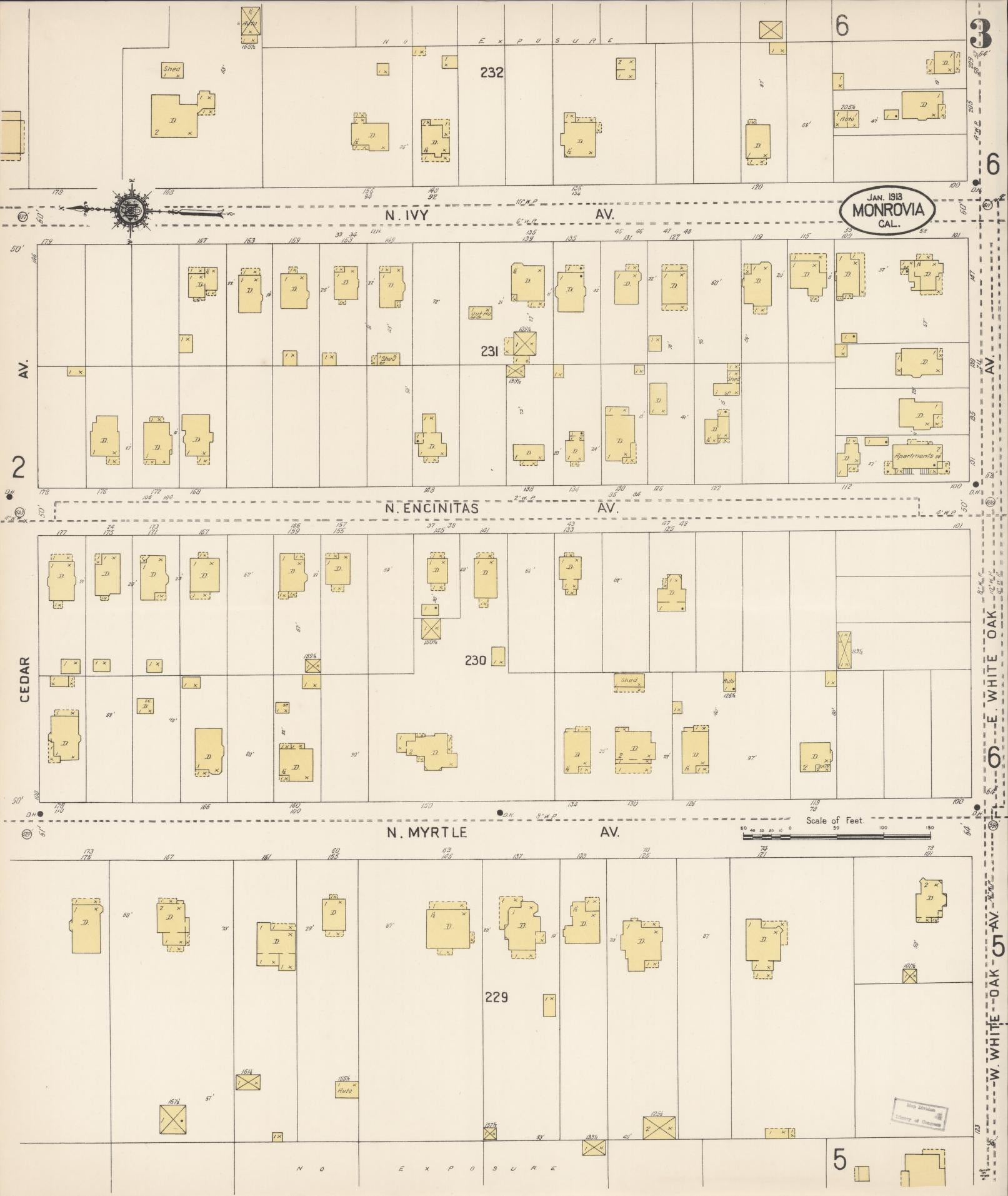 Sanborn Fire Insurance Map from Monrovia, Los Angeles County, California (1913), Sheet #0003 - Complete Map Set gallery image, historic Sanborn map, vintage wall art, California California