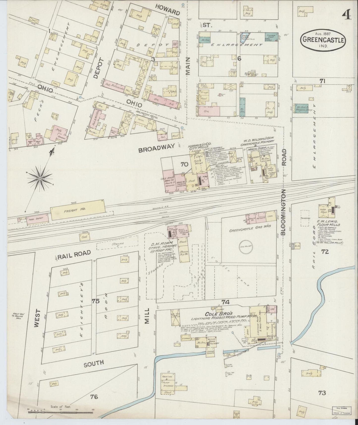 Sanborn Fire Insurance Map from Greencastle, Putnam County, Indiana (1887), Sheet #0004 - Historic Sanborn Fire Insurance Map Print, vintage old map wall art, antique decor, genealogy gift, Indiana Indiana map
