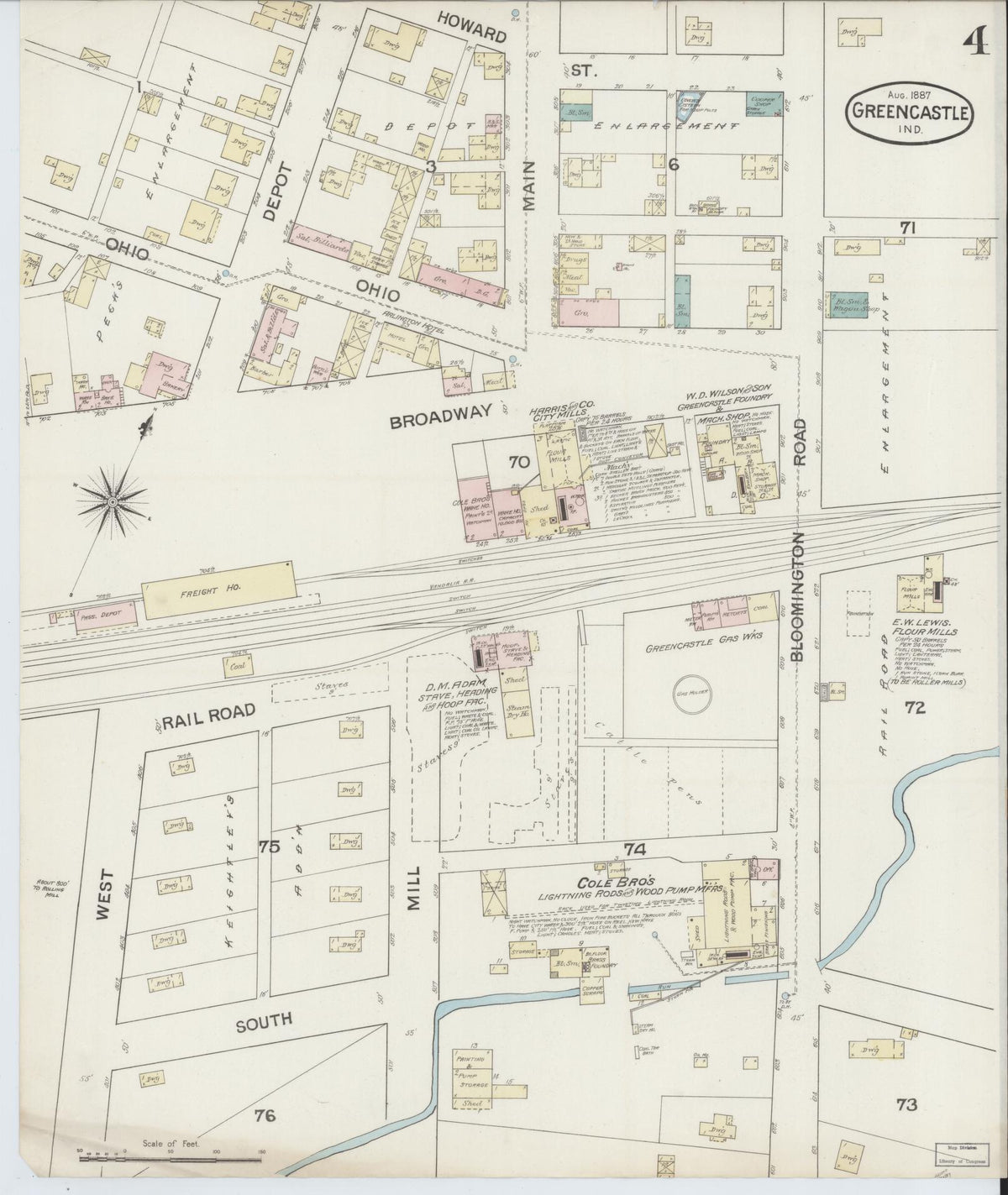 Sanborn Fire Insurance Map from Greencastle, Putnam County, Indiana (1887), Sheet #0004 - Historic Sanborn Fire Insurance Map Print, vintage old map wall art, antique decor, genealogy gift, Indiana Indiana map
