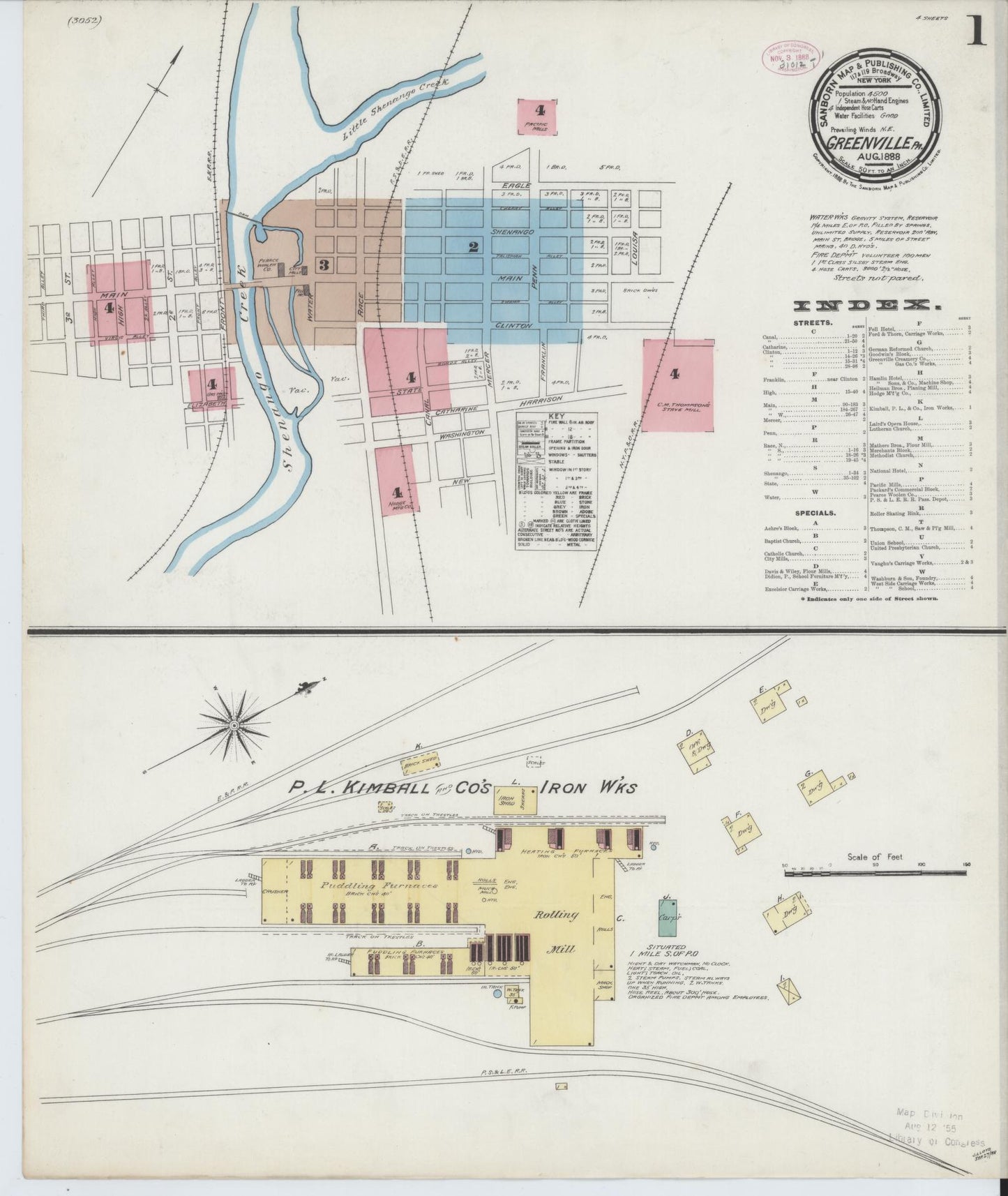 Sanborn Fire Insurance Map from Greenville, Mercer County, Pennsylvania (1888), Sheet #0001 - Historic Sanborn Fire Insurance Map Print, vintage old map wall art, antique decor, genealogy gift, Pennsylvania Pennsylvania map
