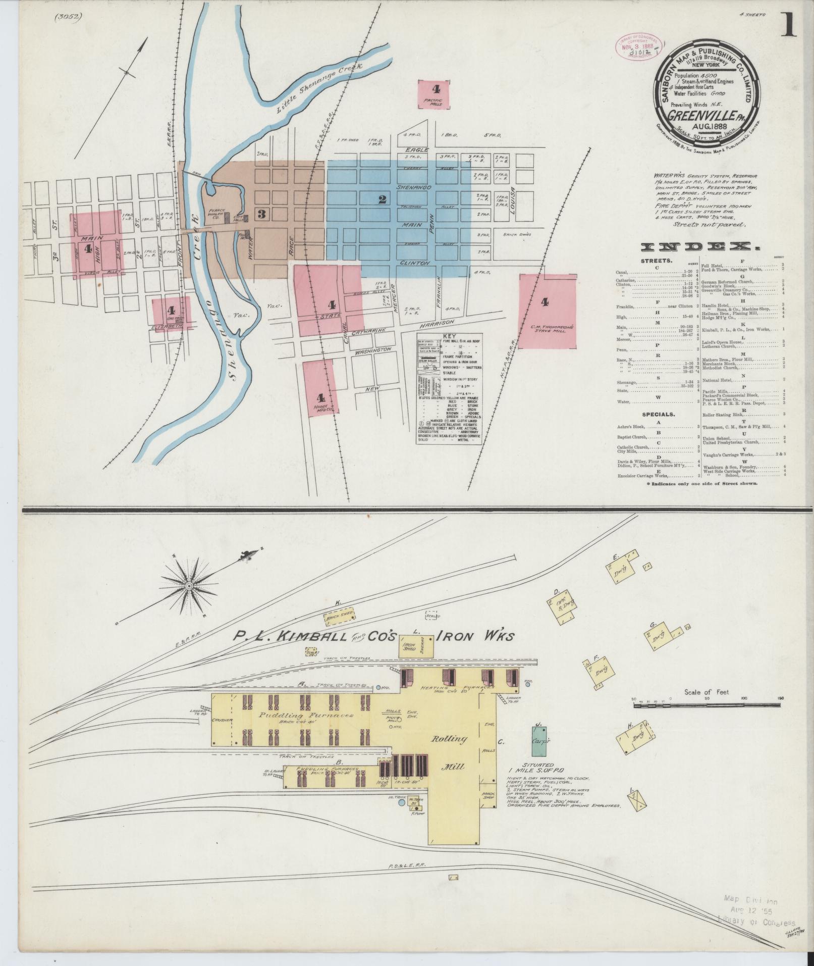 Sanborn Fire Insurance Map from Greenville, Mercer County, Pennsylvania (1888), Sheet #0001 - Historic Sanborn Fire Insurance Map Print, vintage old map wall art, antique decor, genealogy gift, Pennsylvania Pennsylvania map