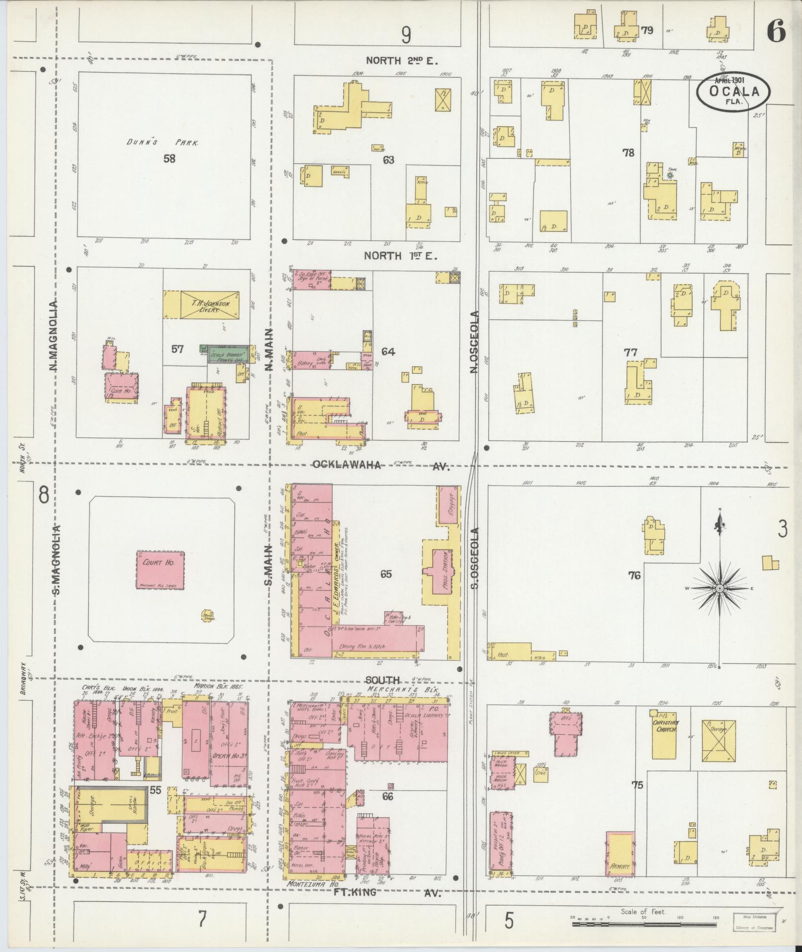 Sanborn Fire Insurance Map from Ocala, Marion County, Florida (1901), Sheet #0006 - Historic Sanborn Fire Insurance Map Print, vintage old map wall art, antique decor, genealogy gift, Florida Florida map