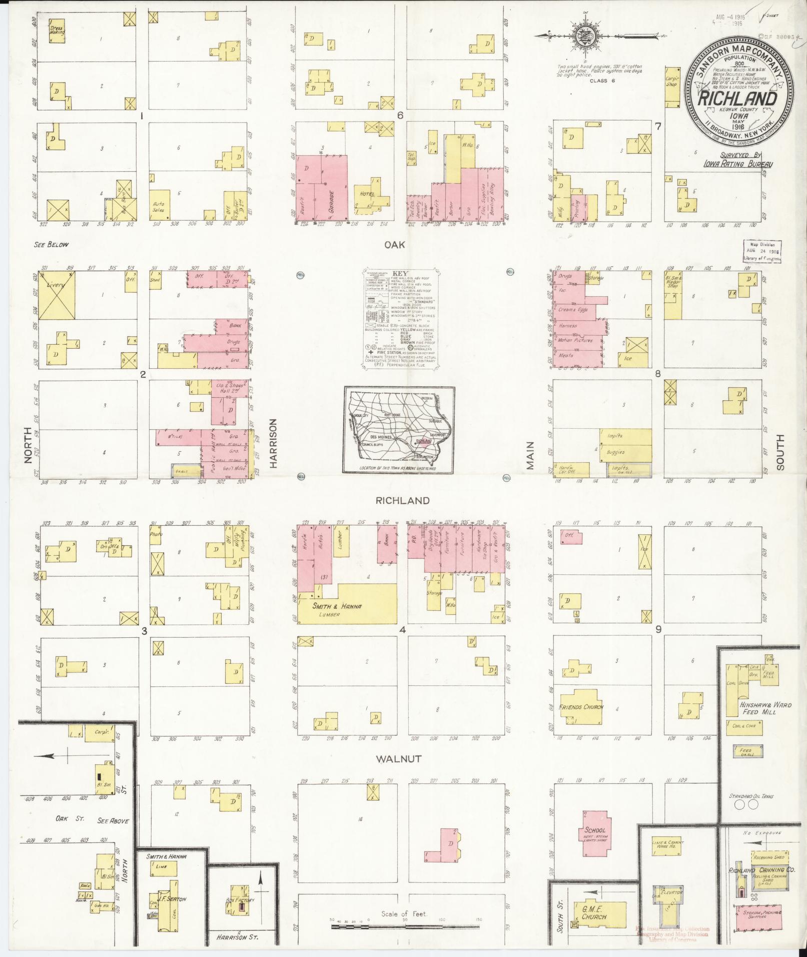 Sanborn Fire Insurance Map from Richland, Keokuk County, Iowa (1916), Sheet #0001 - Historic Sanborn Fire Insurance Map Print, vintage old map wall art