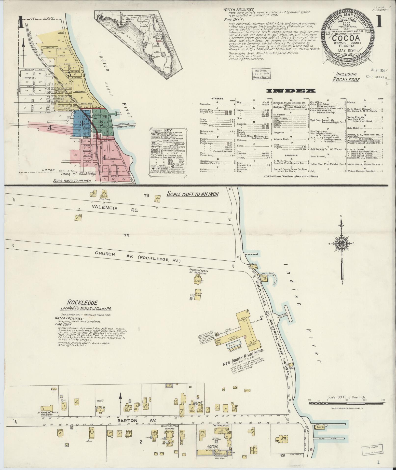 Sanborn Fire Insurance Map from Cocoa, Brevard County, Florida (1924), Sheet #0001 - Complete Map Set gallery image, historic Sanborn map, vintage wall art, Florida Florida
