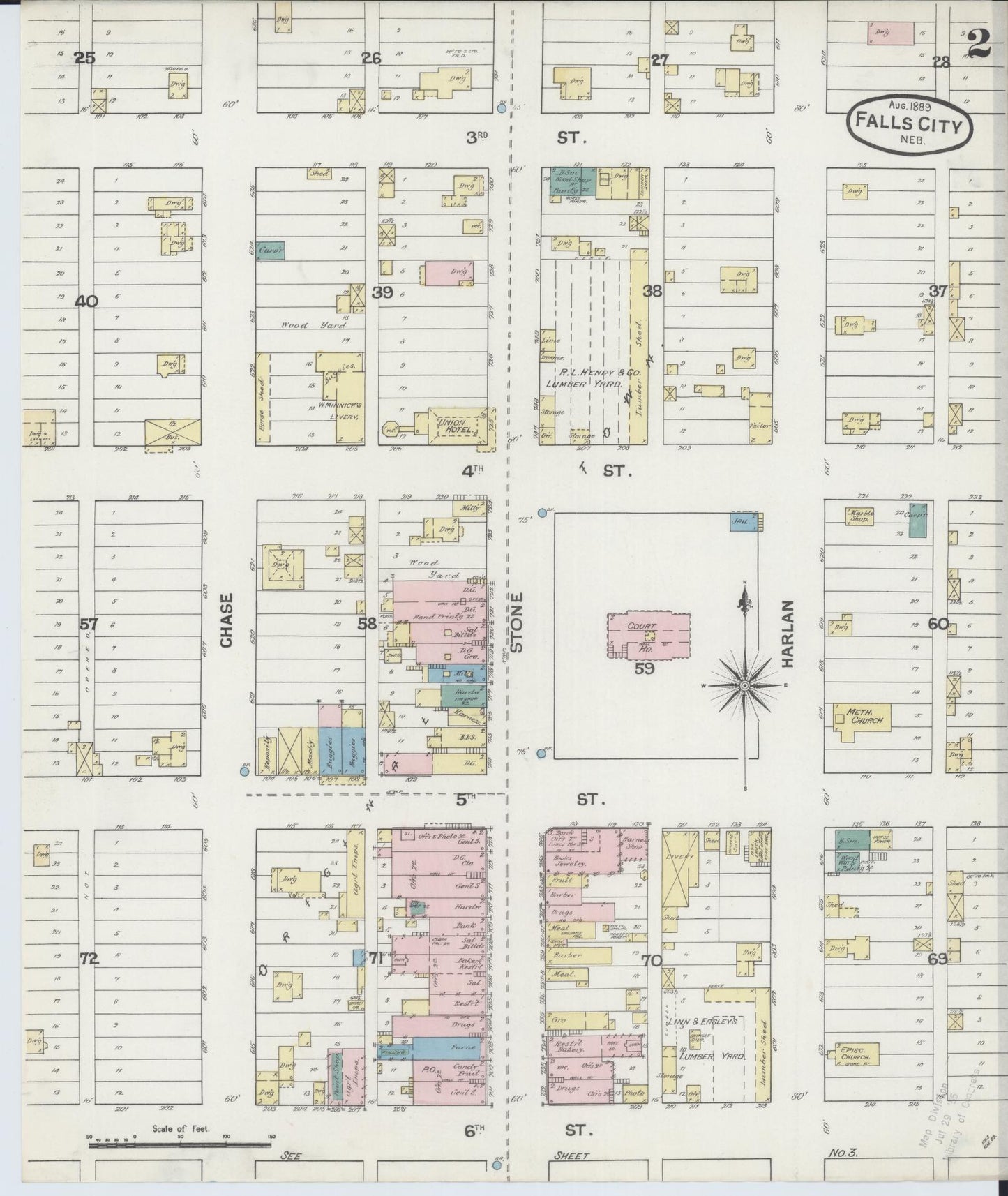 Sanborn Fire Insurance Map from Falls City, Richardson County, Nebraska (1889), Sheet #0002 - Complete Map Set gallery image, historic Sanborn map, vintage wall art, Nebraska Nebraska