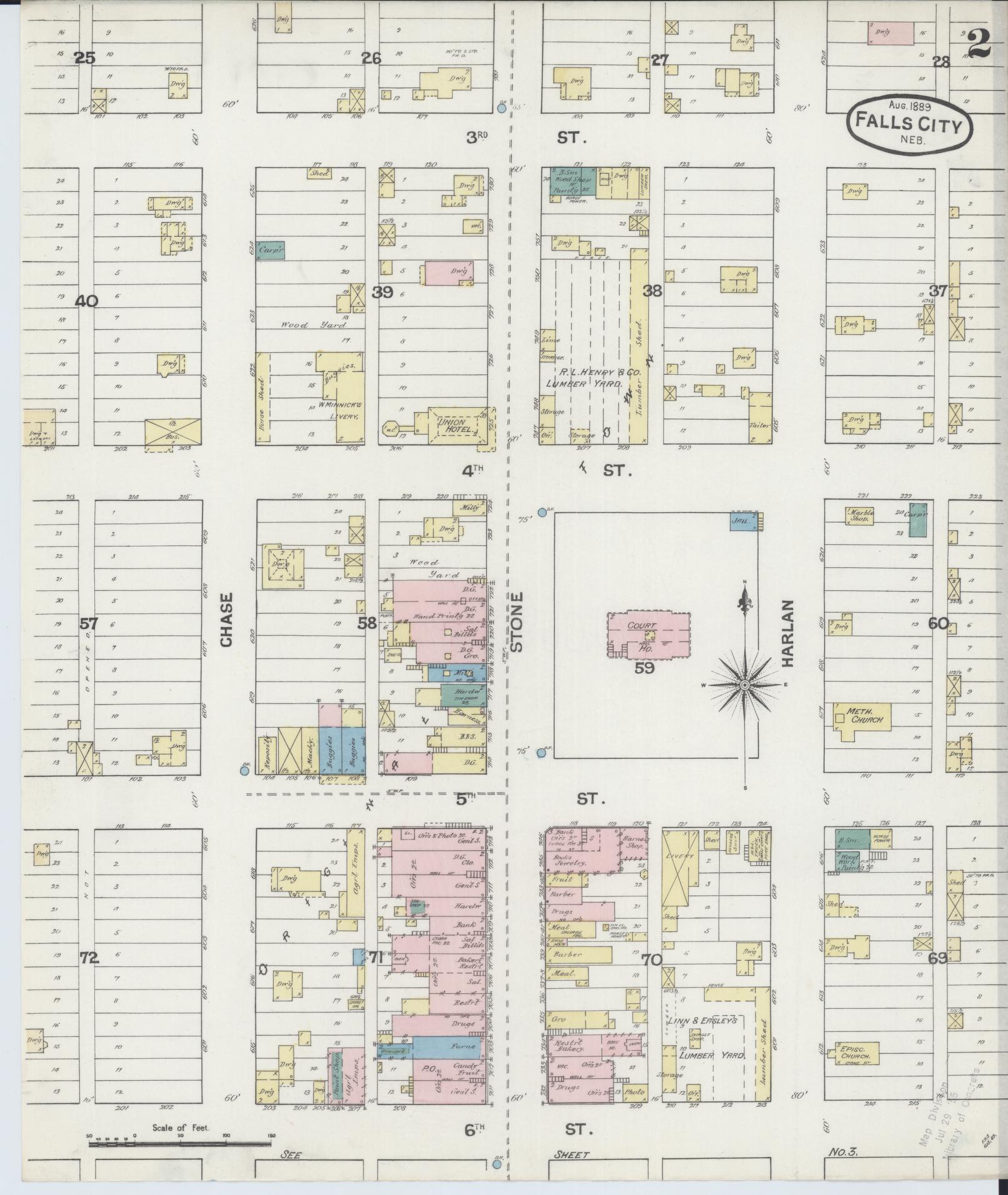 Sanborn Fire Insurance Map from Falls City, Richardson County, Nebraska (1889), Sheet #0002 - Complete Map Set gallery image, historic Sanborn map, vintage wall art, Nebraska Nebraska