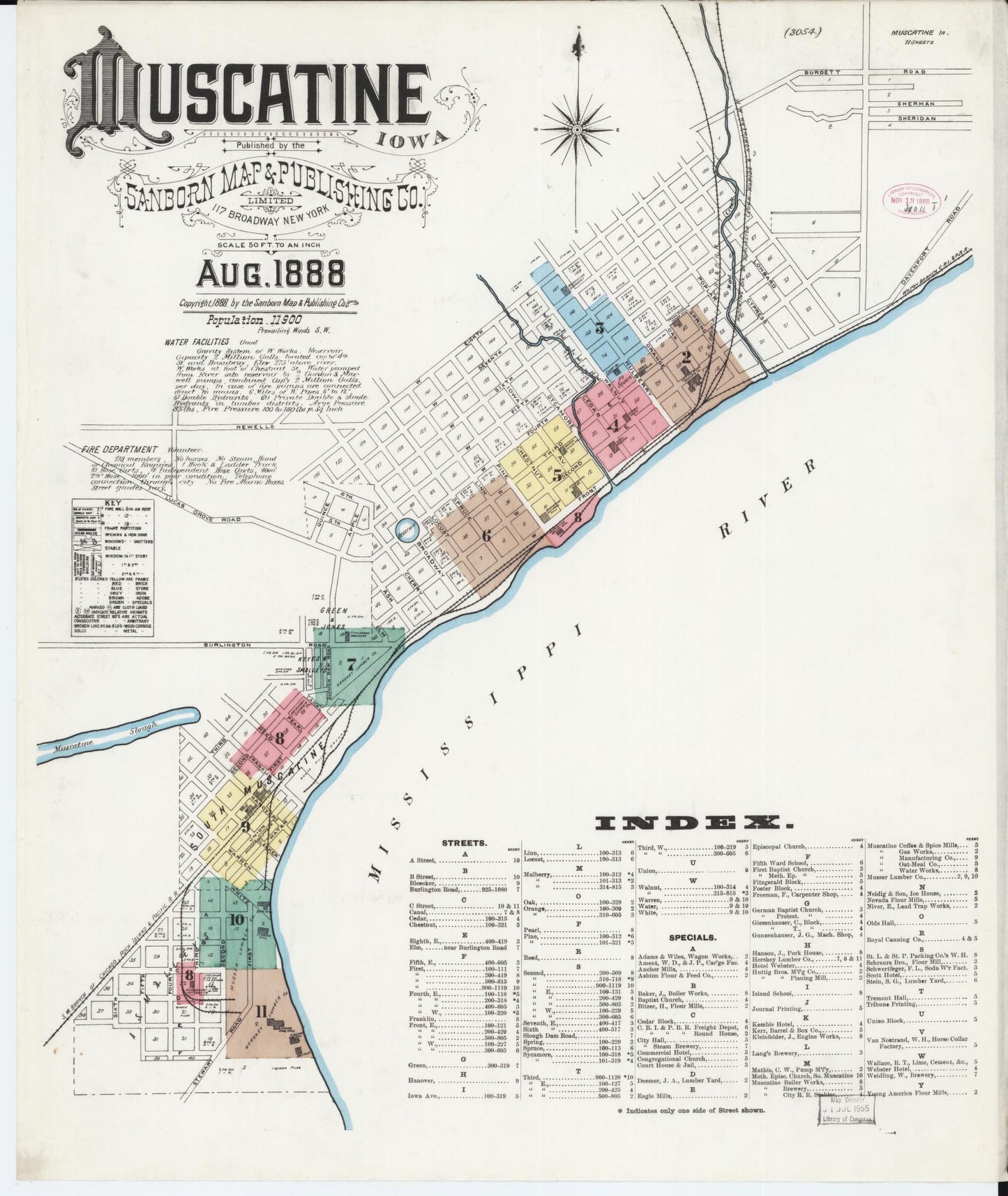 Sanborn Fire Insurance Map from Muscatine, Muscatine County, Iowa (1888), Sheet #0001 - Historic Sanborn Fire Insurance Map Print
