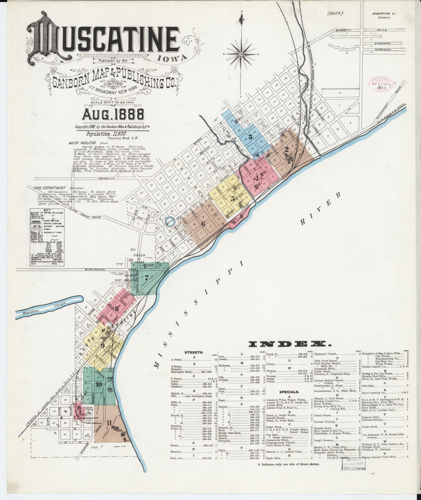 Sanborn Fire Insurance Map from Muscatine, Muscatine County, Iowa (1888), Sheet #0001 - Historic Sanborn Fire Insurance Map Print