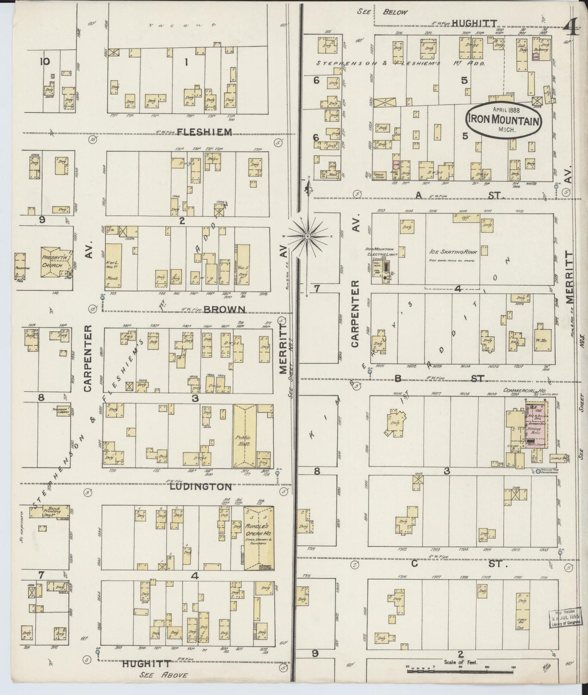 Sanborn Fire Insurance Map from Iron Mountain, Dickinson County, Michigan (1888), Sheet #0004 - Historic Sanborn Fire Insurance Map Print, vintage old map wall art, antique decor, genealogy gift, Michigan Michigan map