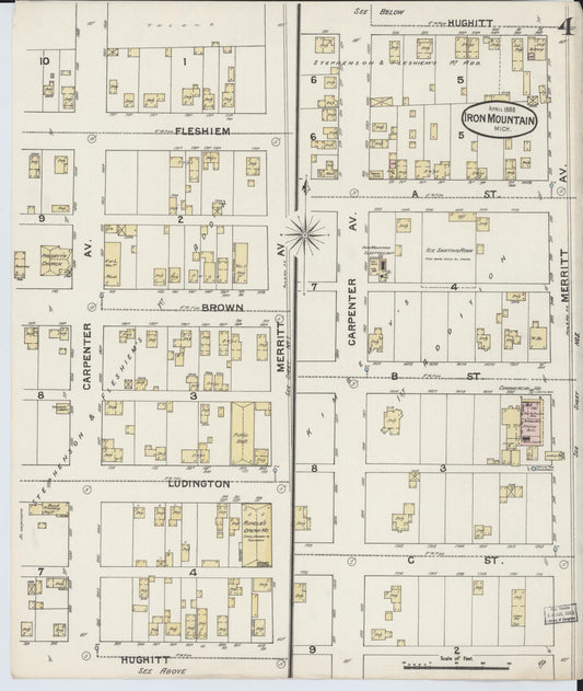 Sanborn Fire Insurance Map from Iron Mountain, Dickinson County, Michigan (1888), Sheet #0004 - Historic Sanborn Fire Insurance Map Print, vintage old map wall art, antique decor, genealogy gift, Michigan Michigan map