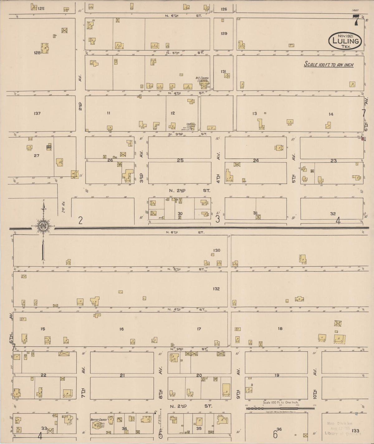 Sanborn Fire Insurance Map from Luling, Caldwell County, Texas (1921), Sheet #0007 - Historic Sanborn Fire Insurance Map Print, vintage old map wall art, antique decor, genealogy gift, Texas Texas map